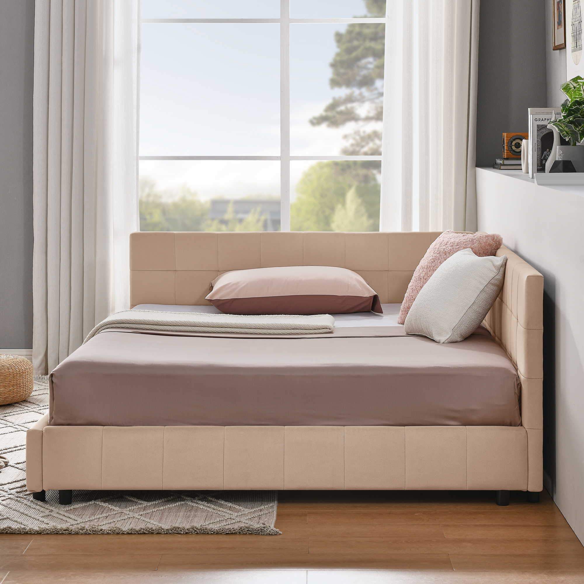 Full Size Upholstered Tufted Bed Frame, Sofa Bed Frame with Comfortable Backrest and Armrests, Full Size Bed for Bedroom, Living Room,Velvet, PINK(80.5''*59''*30.5'') - Image 4