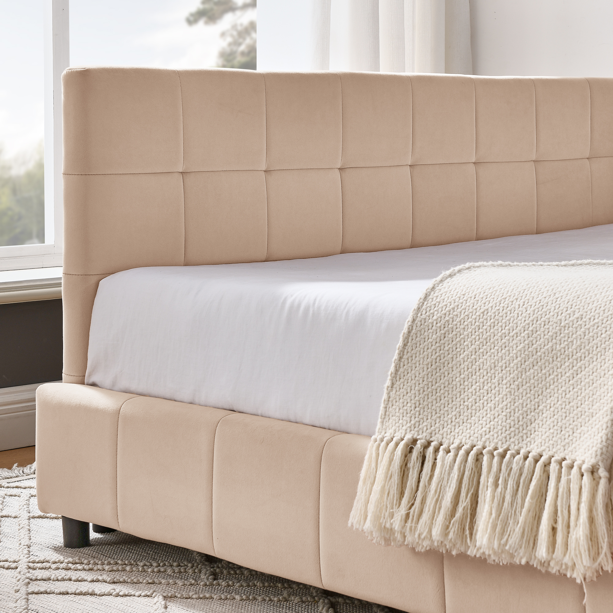 Full Size Upholstered Tufted Bed Frame, Sofa Bed Frame with Comfortable Backrest and Armrests, Full Size Bed for Bedroom, Living Room,Velvet, PINK(80.5''*59''*30.5'') - Image 5