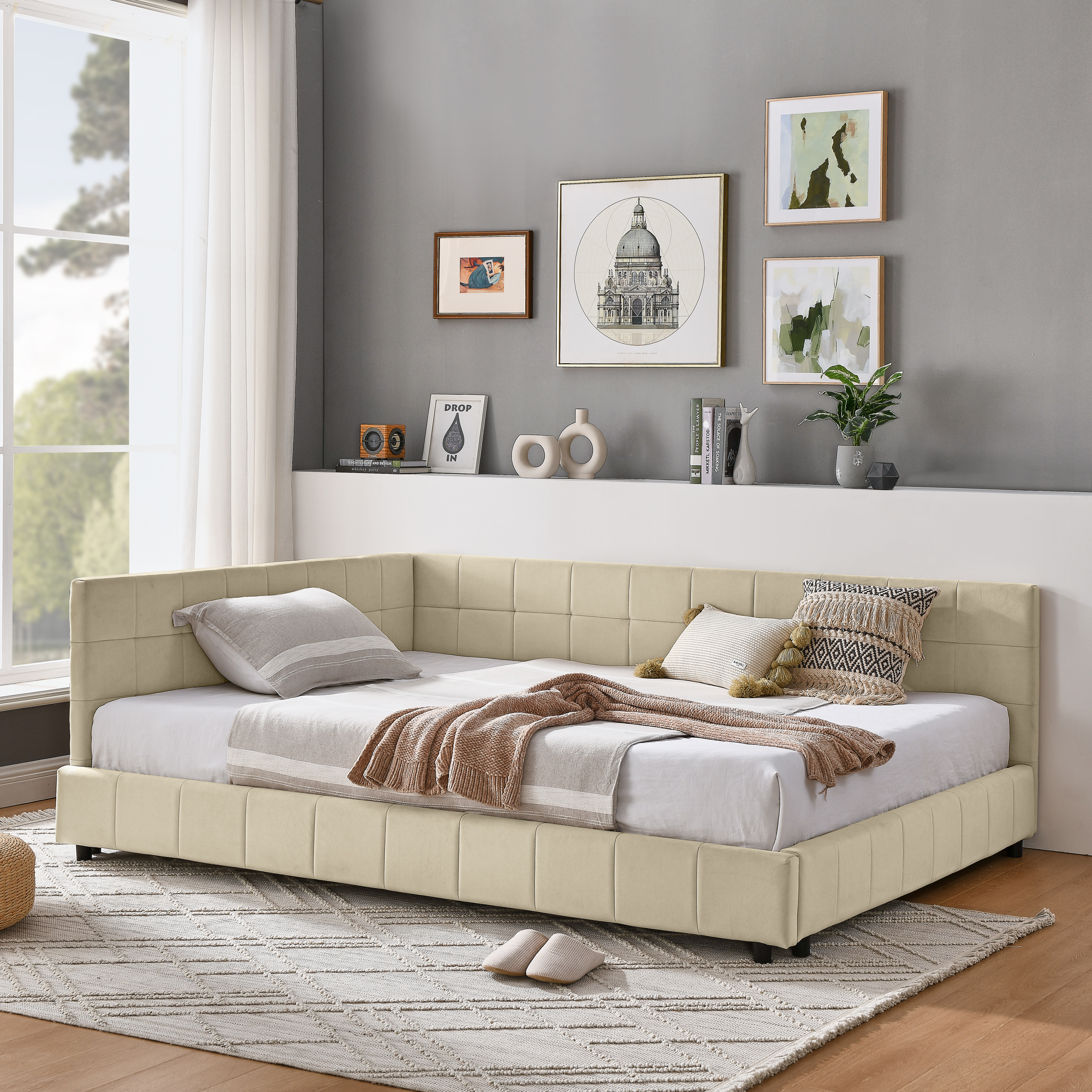 Full Size Upholstered Tufted Bed Frame, Sofa Bed Frame with Comfortable Backrest and Armrests, Full Size Bed for Bedroom, Living Room,Velvet, NEW BEIGE(80.5''*59''*30.5'') - Image 1
