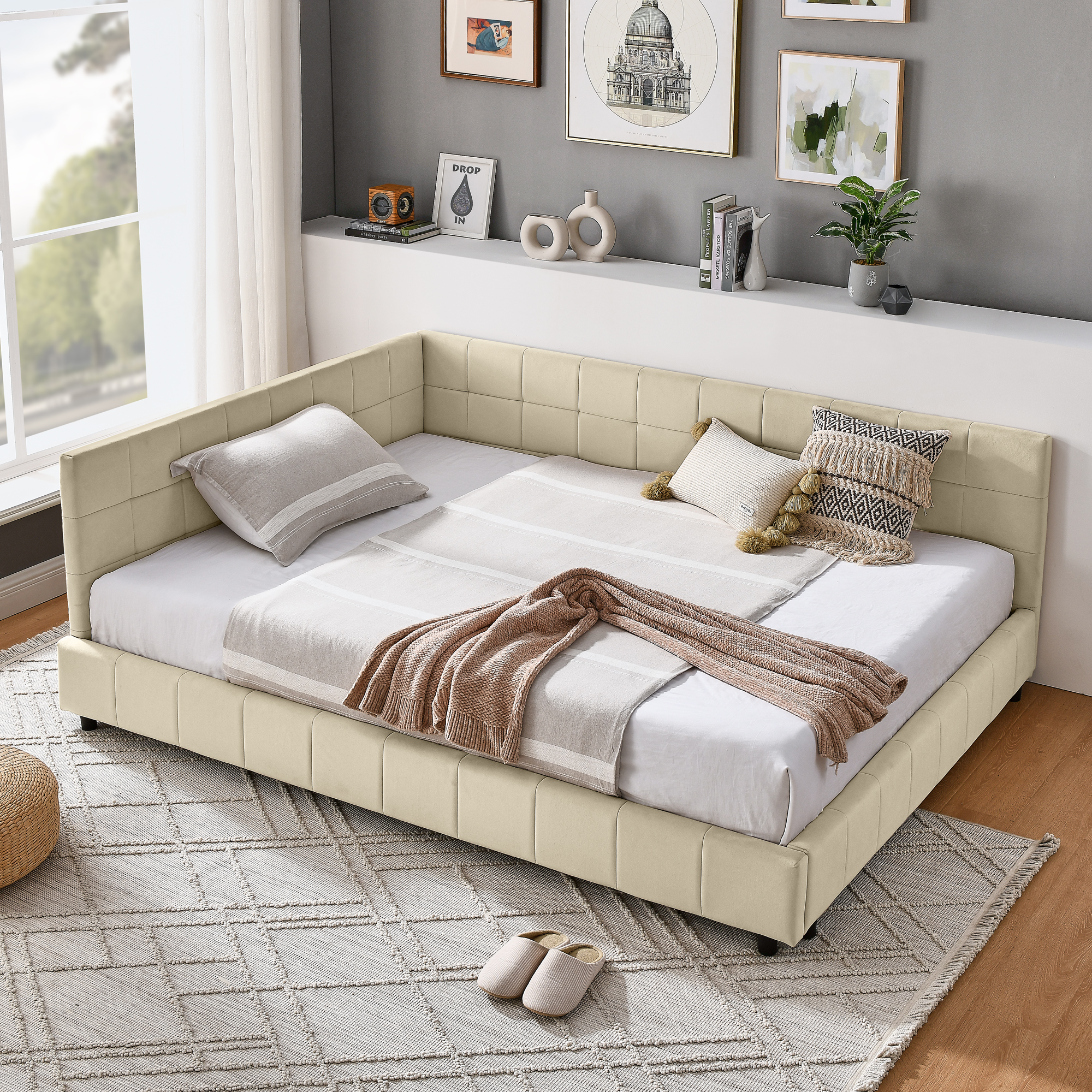 Full Size Upholstered Tufted Bed Frame, Sofa Bed Frame with Comfortable Backrest and Armrests, Full Size Bed for Bedroom, Living Room,Velvet, NEW BEIGE(80.5''*59''*30.5'') - Image 2