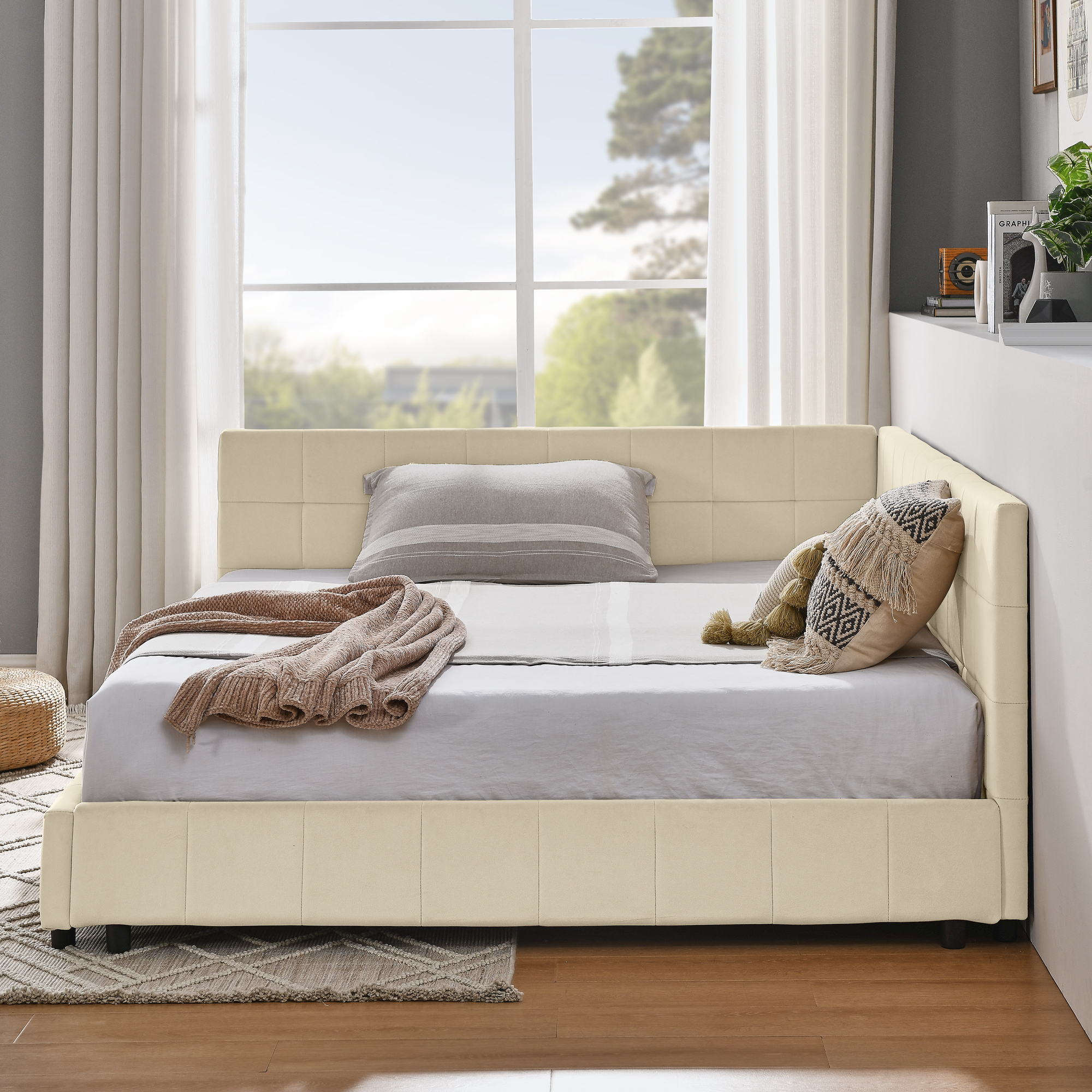 Full Size Upholstered Tufted Bed Frame, Sofa Bed Frame with Comfortable Backrest and Armrests, Full Size Bed for Bedroom, Living Room,Velvet, NEW BEIGE(80.5''*59''*30.5'') - Image 4