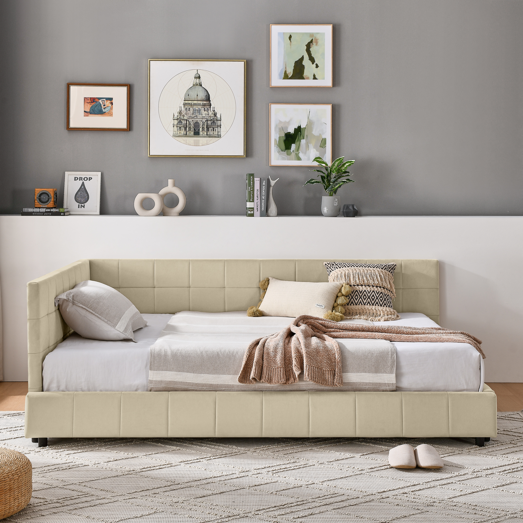 Full Size Upholstered Tufted Bed Frame, Sofa Bed Frame with Comfortable Backrest and Armrests, Full Size Bed for Bedroom, Living Room,Velvet, NEW BEIGE(80.5''*59''*30.5'') - Image 3