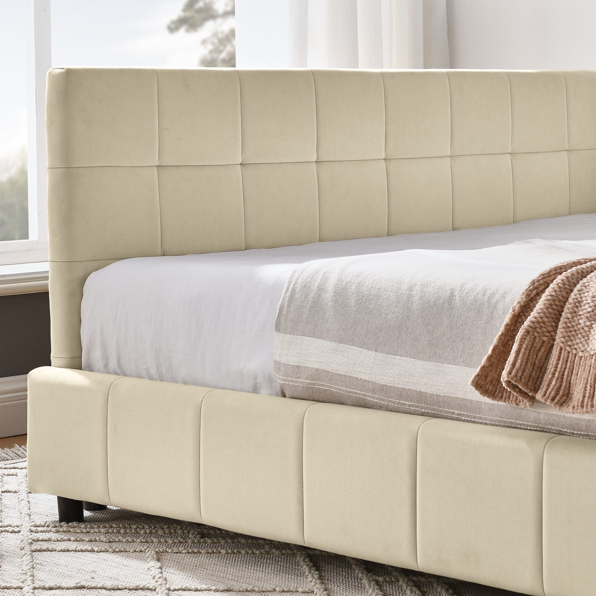 Full Size Upholstered Tufted Bed Frame, Sofa Bed Frame with Comfortable Backrest and Armrests, Full Size Bed for Bedroom, Living Room,Velvet, NEW BEIGE(80.5''*59''*30.5'') - Image 6