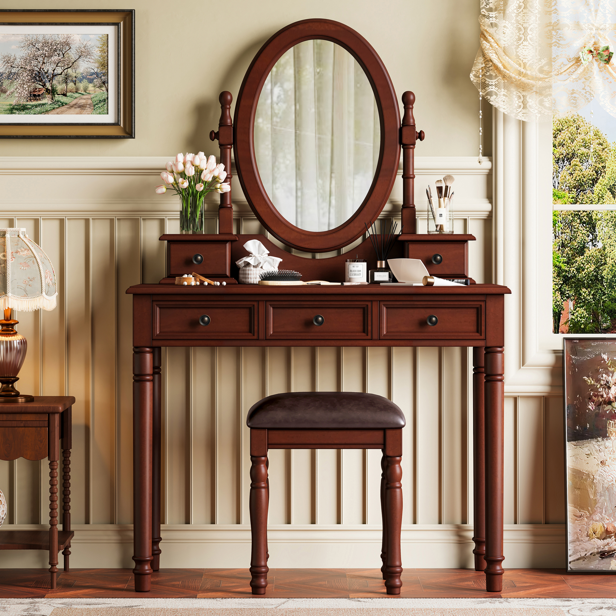 Vanity Desk with Adjustable Angle Mirror, Vintage Vanity Makeup Table and Cushioned Stool Set with Velvet Fabric Lining 5 Drawers,Wooden Dressing Table Set for Bedroom, Walnut - Image 2