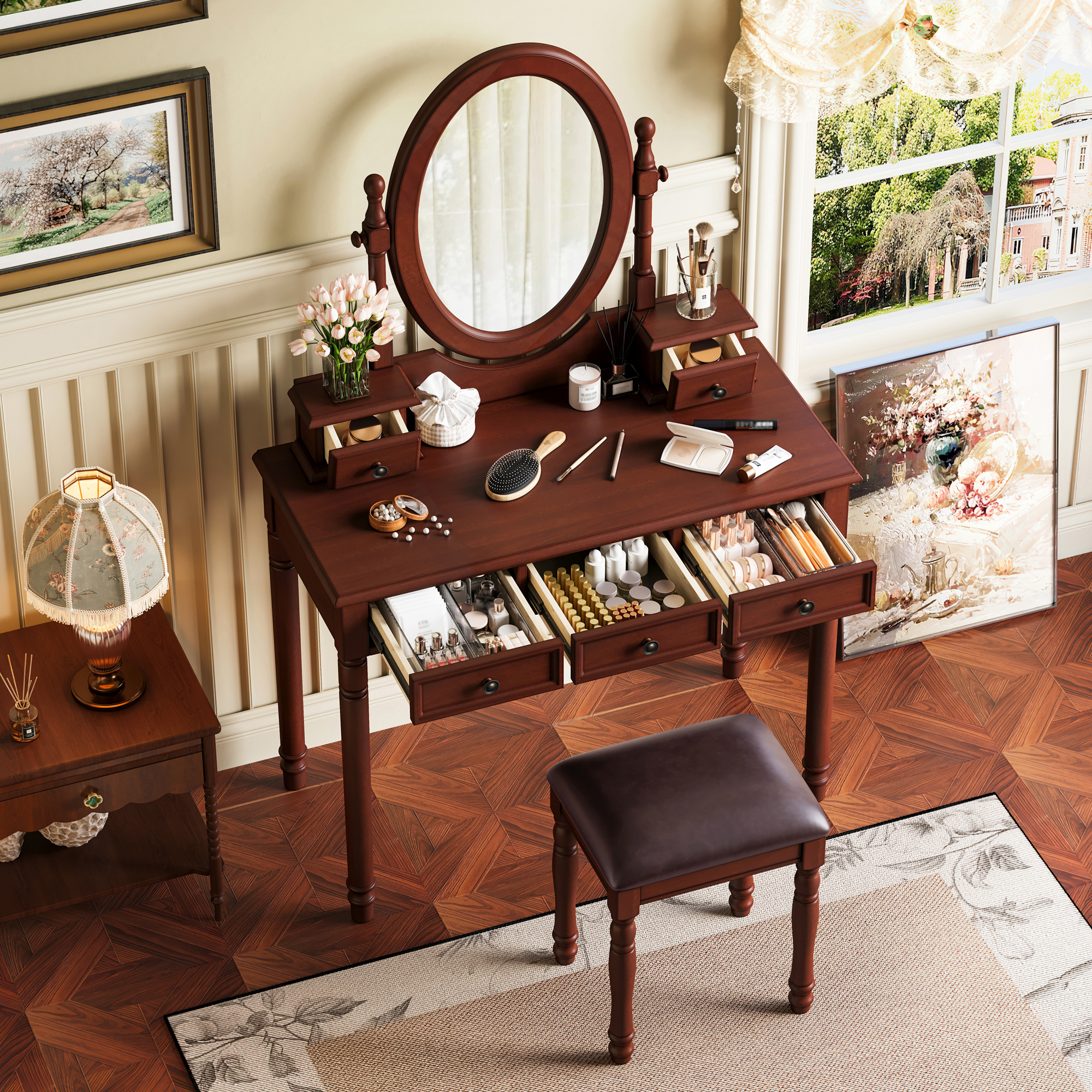 Vanity Desk with Adjustable Angle Mirror, Vintage Vanity Makeup Table and Cushioned Stool Set with Velvet Fabric Lining 5 Drawers,Wooden Dressing Table Set for Bedroom, Walnut - Image 3