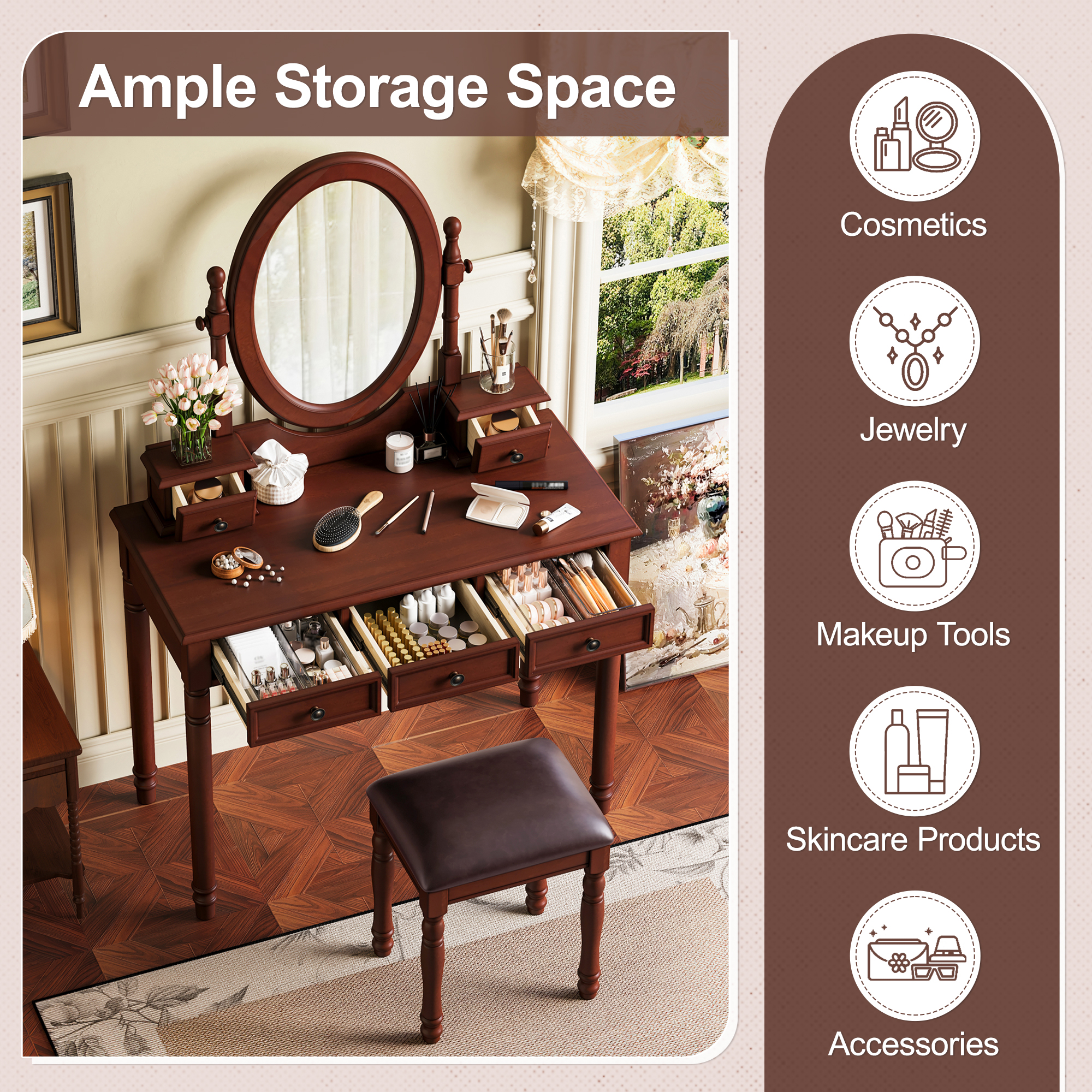 Vanity Desk with Adjustable Angle Mirror, Vintage Vanity Makeup Table and Cushioned Stool Set with Velvet Fabric Lining 5 Drawers,Wooden Dressing Table Set for Bedroom, Walnut - Image 4