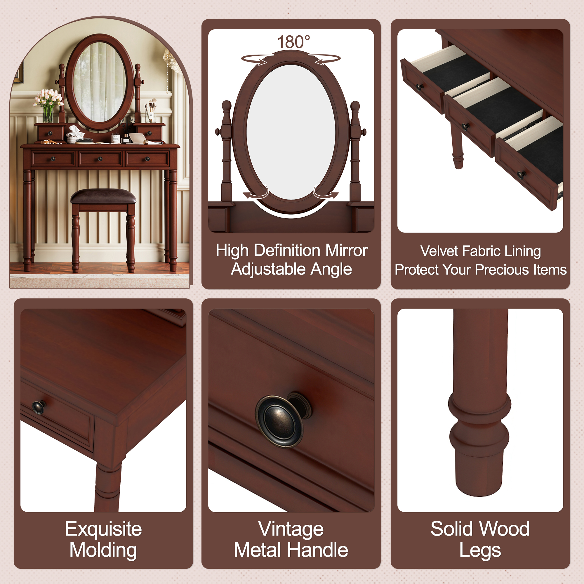Vanity Desk with Adjustable Angle Mirror, Vintage Vanity Makeup Table and Cushioned Stool Set with Velvet Fabric Lining 5 Drawers,Wooden Dressing Table Set for Bedroom, Walnut - Image 6