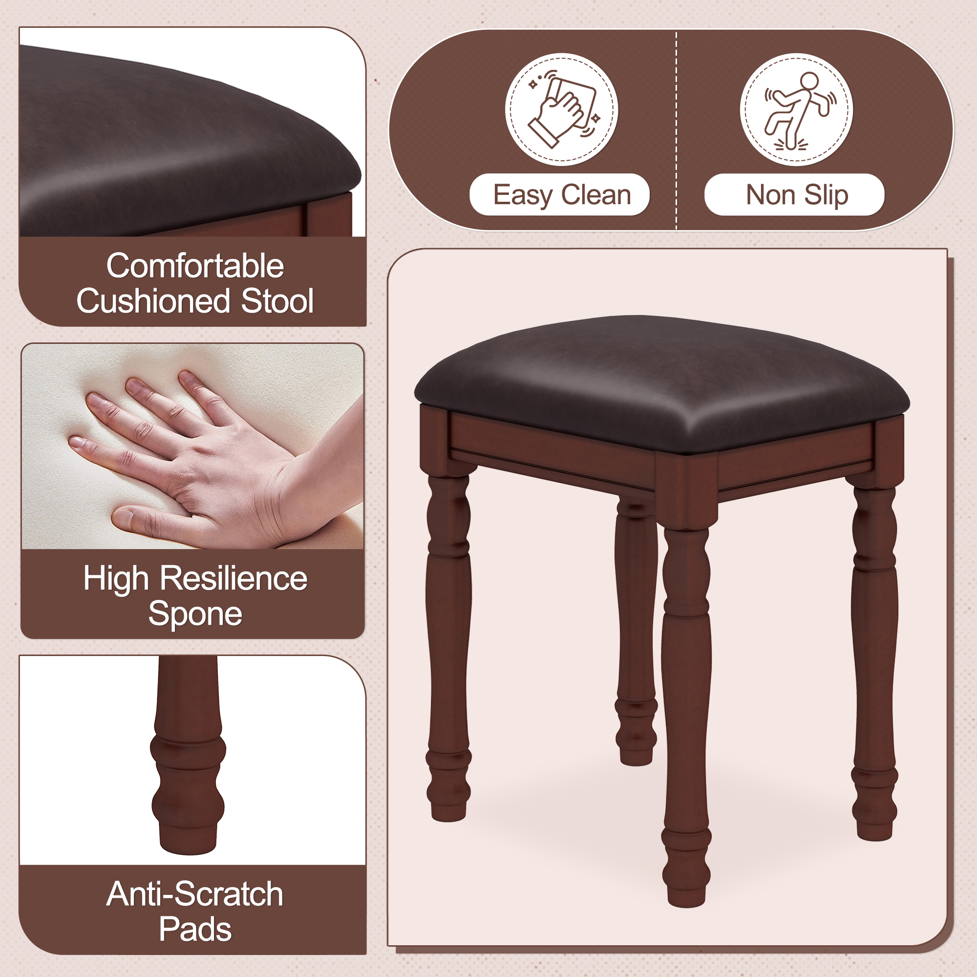 Vanity Desk with Adjustable Angle Mirror, Vintage Vanity Makeup Table and Cushioned Stool Set with Velvet Fabric Lining 5 Drawers,Wooden Dressing Table Set for Bedroom, Walnut - Image 5
