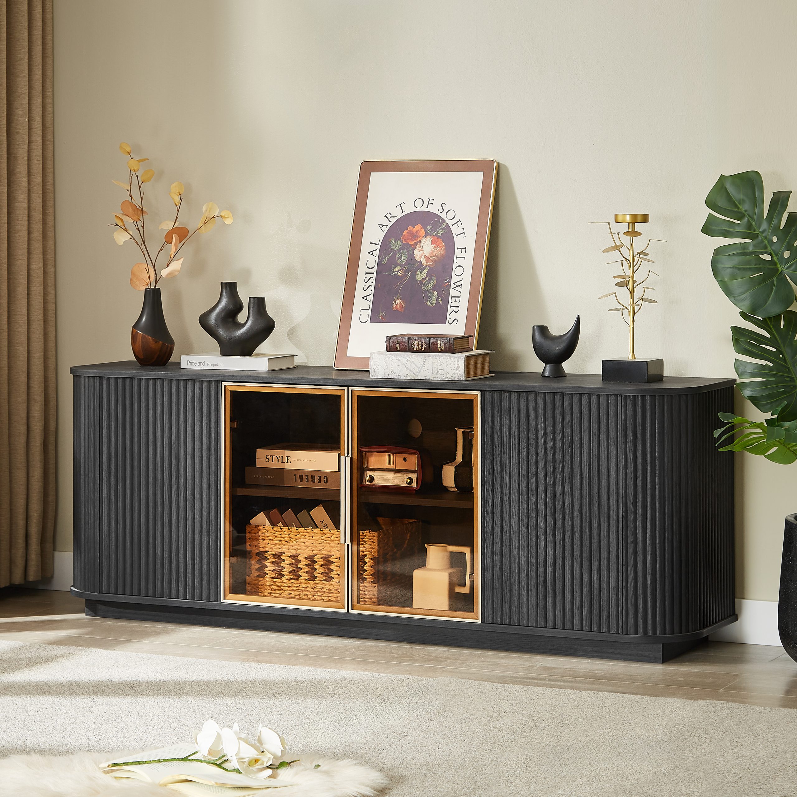64-Inch Wavy TV Cabinet, Round Sideboard, Wooden Vertical Stripe Storage Cabinet, Aluminum Door Framed Tempered Glass Cabinet for Living Room/Bedroom/Entryway. Black,64''W x 15''D x 24''H. - Image 2