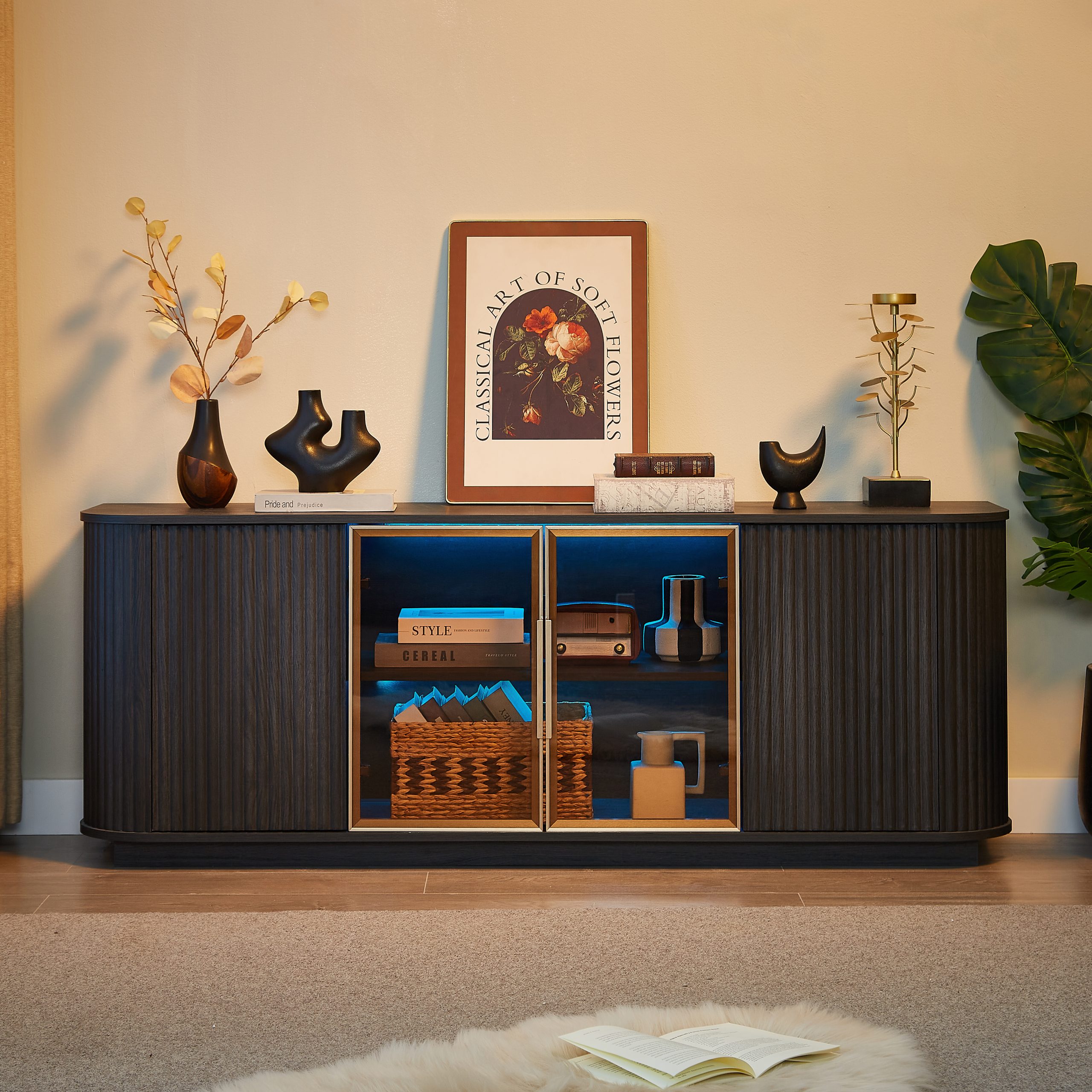 64-Inch Wavy TV Cabinet, Round Sideboard, Wooden Vertical Stripe Storage Cabinet, Aluminum Door Framed Tempered Glass Cabinet for Living Room/Bedroom/Entryway. Black,64''W x 15''D x 24''H. - Image 3