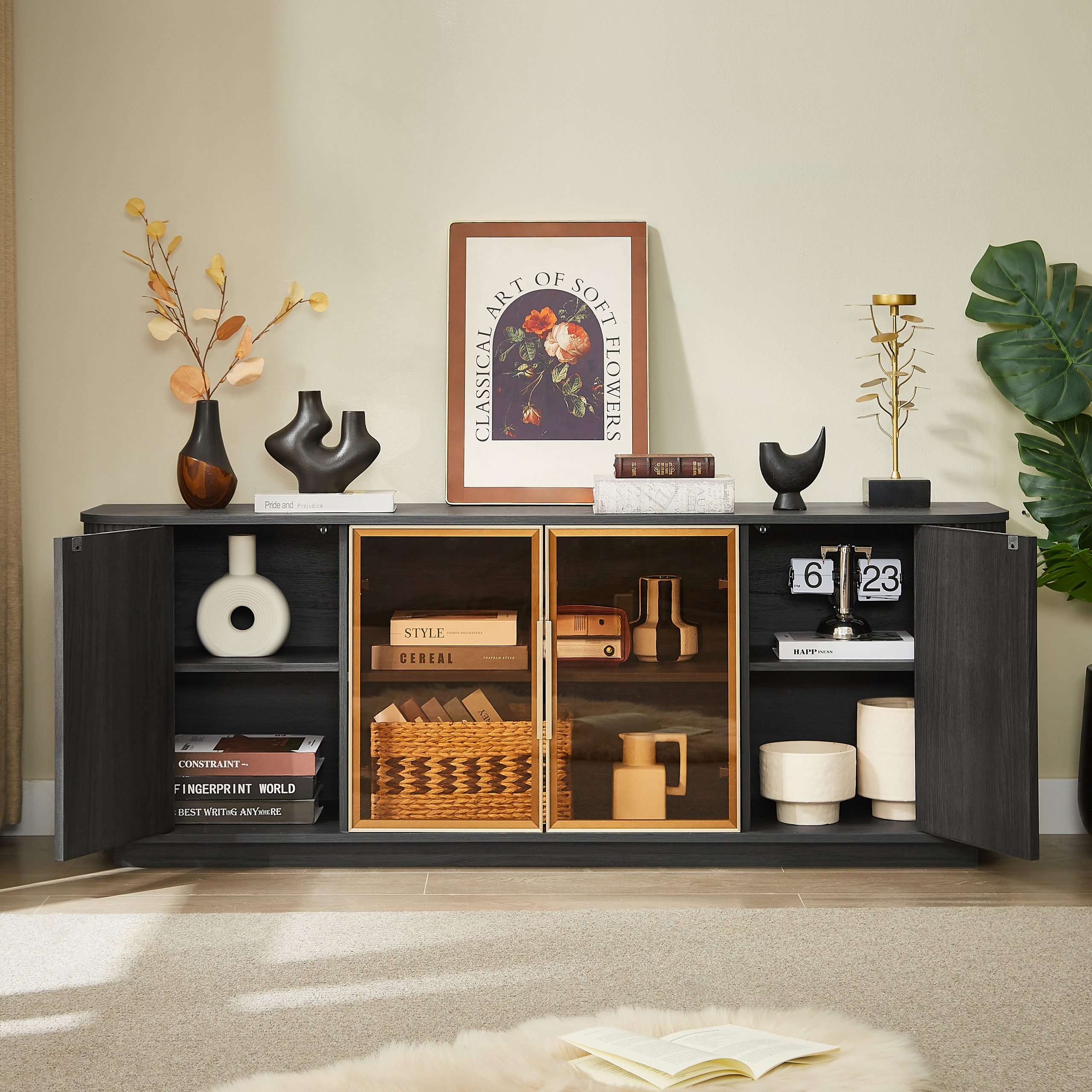 64-Inch Wavy TV Cabinet, Round Sideboard, Wooden Vertical Stripe Storage Cabinet, Aluminum Door Framed Tempered Glass Cabinet for Living Room/Bedroom/Entryway. Black,64''W x 15''D x 24''H. - Image 4