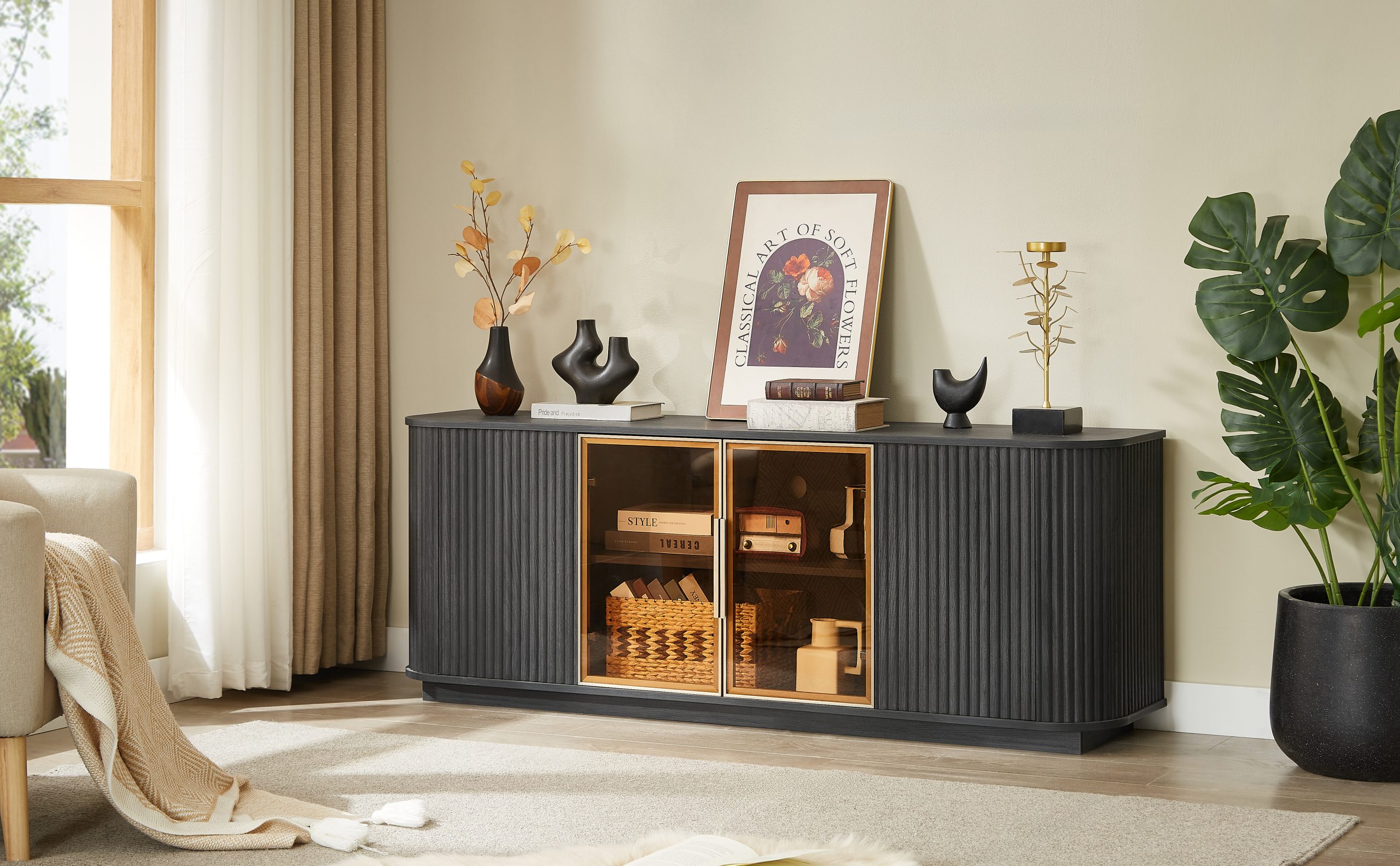 64-Inch Wavy TV Cabinet, Round Sideboard, Wooden Vertical Stripe Storage Cabinet, Aluminum Door Framed Tempered Glass Cabinet for Living Room/Bedroom/Entryway. Black,64''W x 15''D x 24''H. - Image 5
