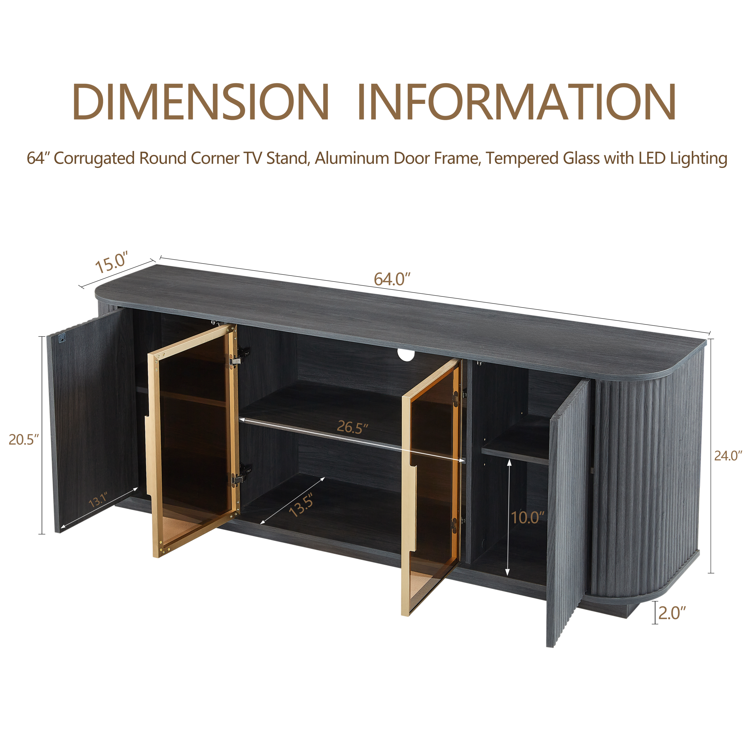 64-Inch Wavy TV Cabinet, Round Sideboard, Wooden Vertical Stripe Storage Cabinet, Aluminum Door Framed Tempered Glass Cabinet for Living Room/Bedroom/Entryway. Black,64''W x 15''D x 24''H. - Image 6
