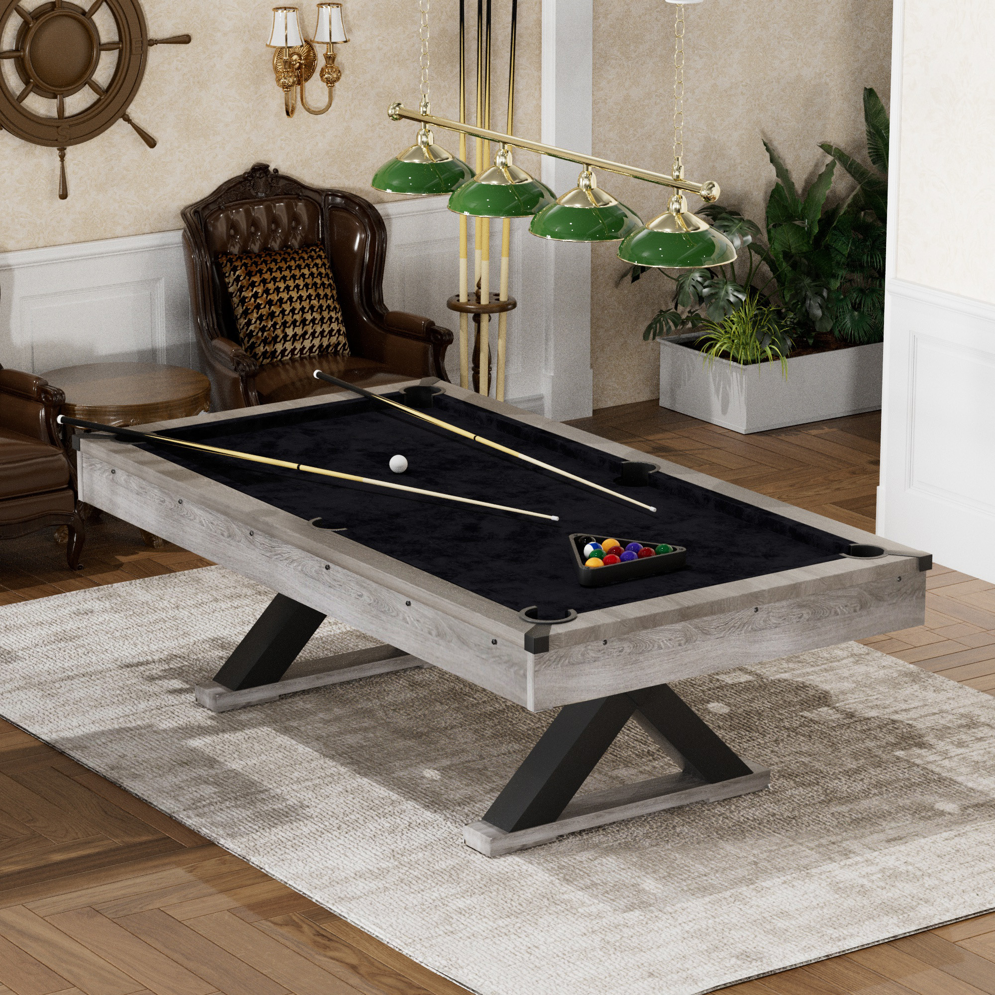 84" Pool Table with Billiard Balls, Cues, Pool Cue Chalk, Cleaning Brush, X-Legs, Black Cloth, Rustic Grey,84.1"L x 46.5"W x 32"H - Image 2