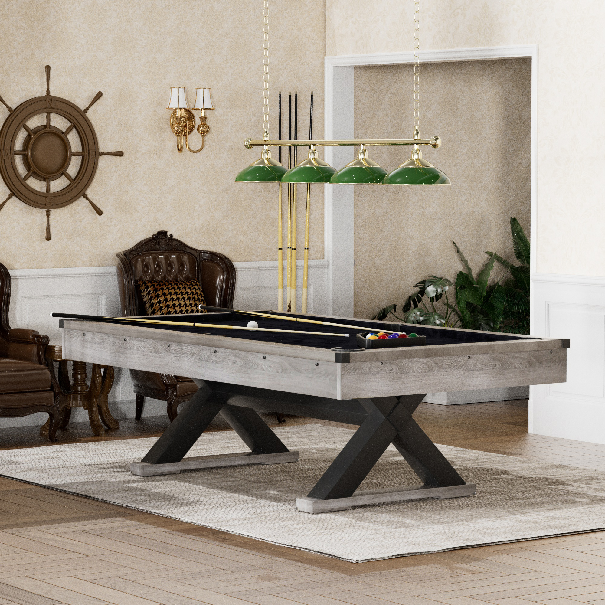 84" Pool Table with Billiard Balls, Cues, Pool Cue Chalk, Cleaning Brush, X-Legs, Black Cloth, Rustic Grey,84.1"L x 46.5"W x 32"H - Image 3