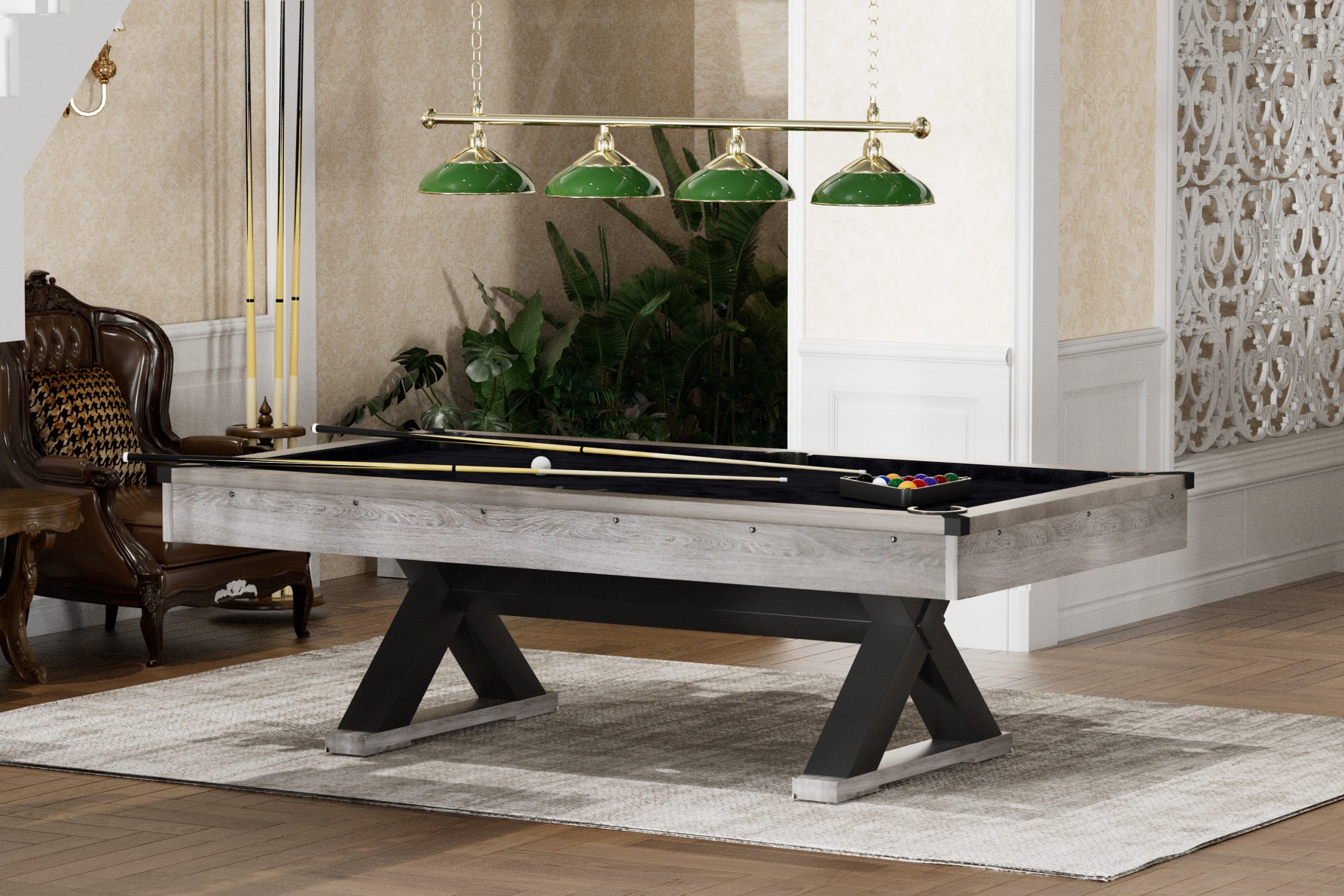84" Pool Table with Billiard Balls, Cues, Pool Cue Chalk, Cleaning Brush, X-Legs, Black Cloth, Rustic Grey,84.1"L x 46.5"W x 32"H - Image 4