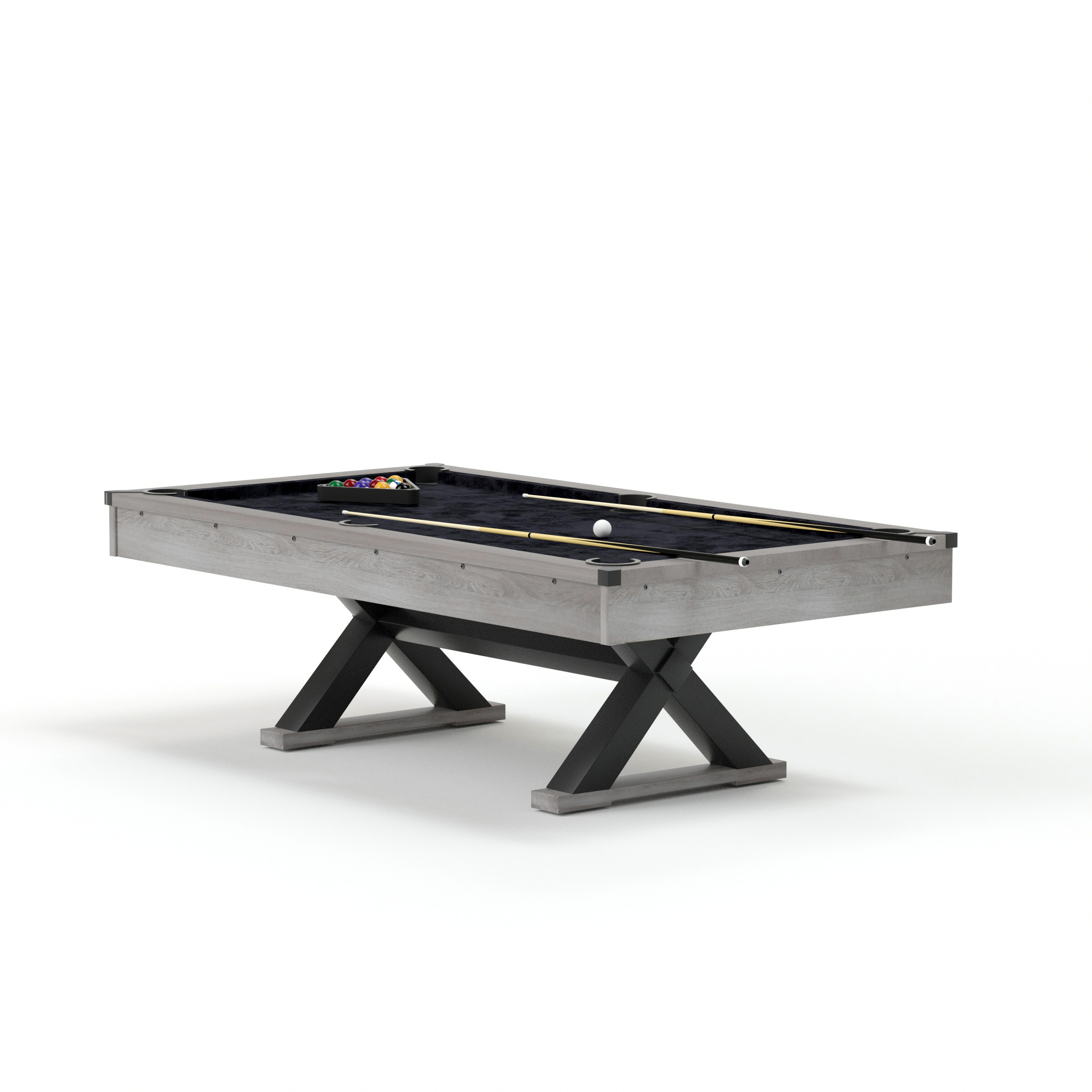 84" Pool Table with Billiard Balls, Cues, Pool Cue Chalk, Cleaning Brush, X-Legs, Black Cloth, Rustic Grey,84.1"L x 46.5"W x 32"H - Image 6