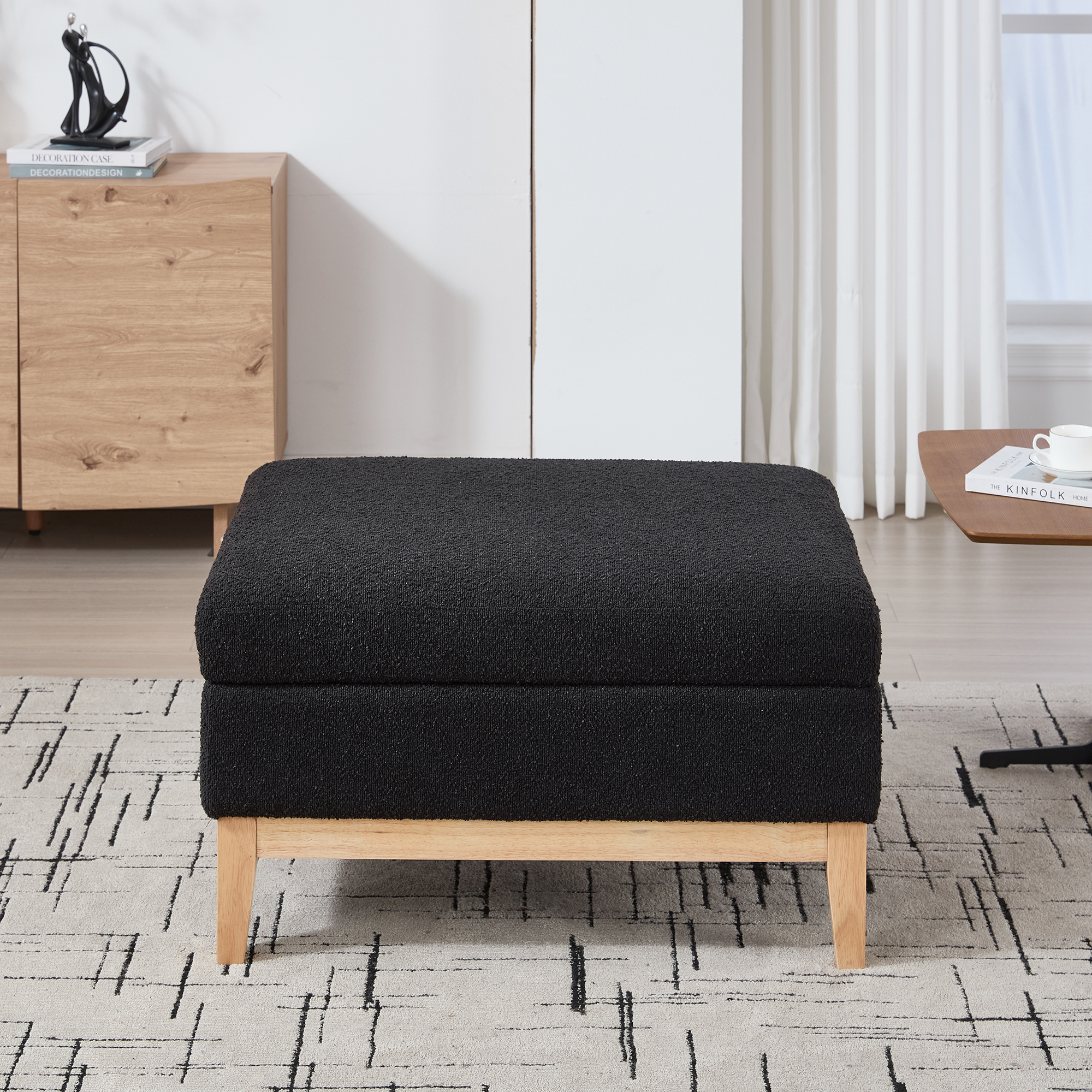 33.86"W Upholstered Wood Base Storage Ottoman With Reversible Lid Coffee Table, Foot Stool Square Footrest with Rubberwood Legs for Living Room Bedroom Entryway and Office,Black Boucle. - Image 2