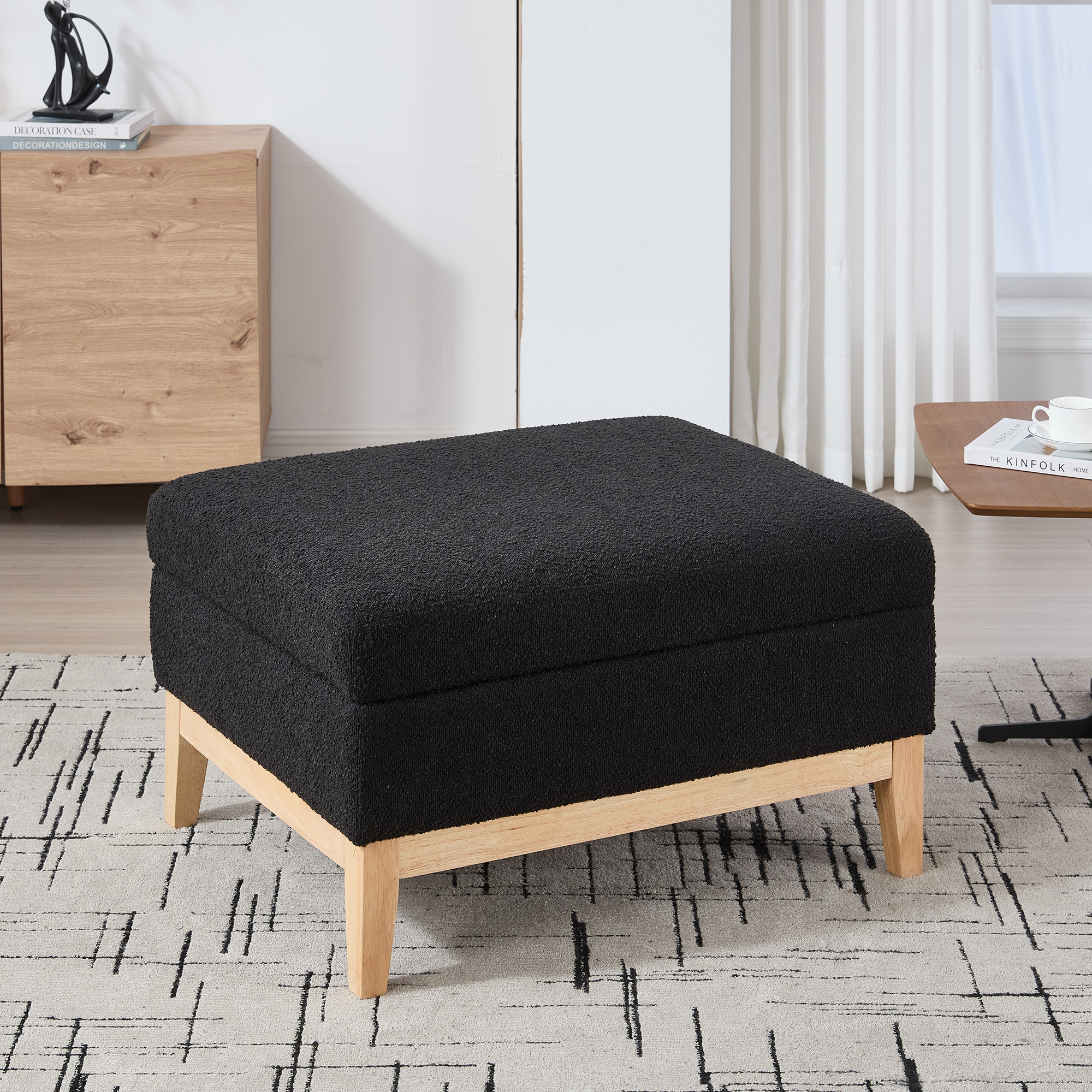 33.86"W Upholstered Wood Base Storage Ottoman With Reversible Lid Coffee Table, Foot Stool Square Footrest with Rubberwood Legs for Living Room Bedroom Entryway and Office,Black Boucle. - Image 3