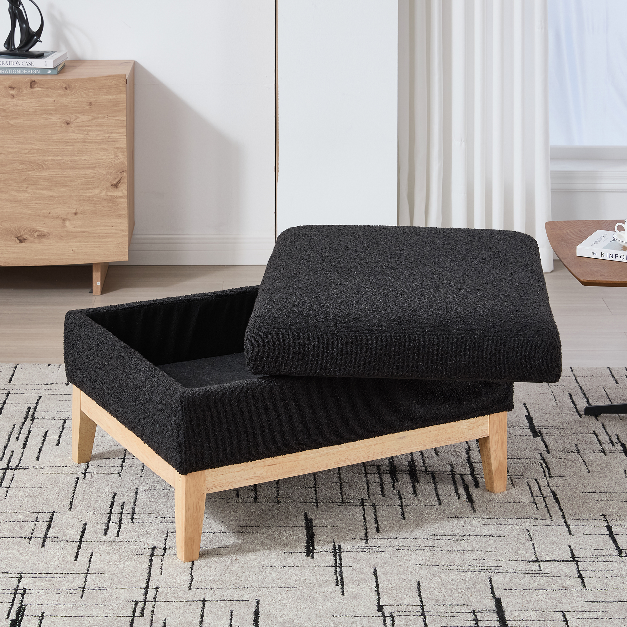 33.86"W Upholstered Wood Base Storage Ottoman With Reversible Lid Coffee Table, Foot Stool Square Footrest with Rubberwood Legs for Living Room Bedroom Entryway and Office,Black Boucle. - Image 4