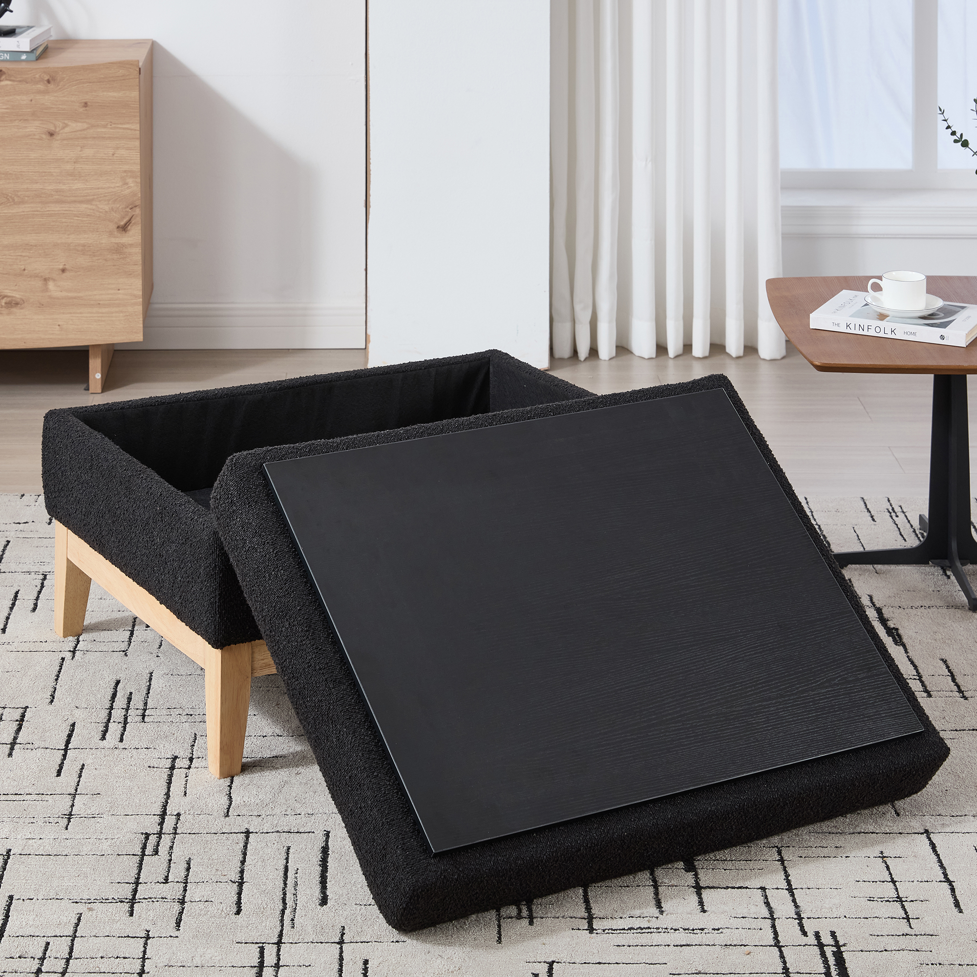 33.86"W Upholstered Wood Base Storage Ottoman With Reversible Lid Coffee Table, Foot Stool Square Footrest with Rubberwood Legs for Living Room Bedroom Entryway and Office,Black Boucle. - Image 5