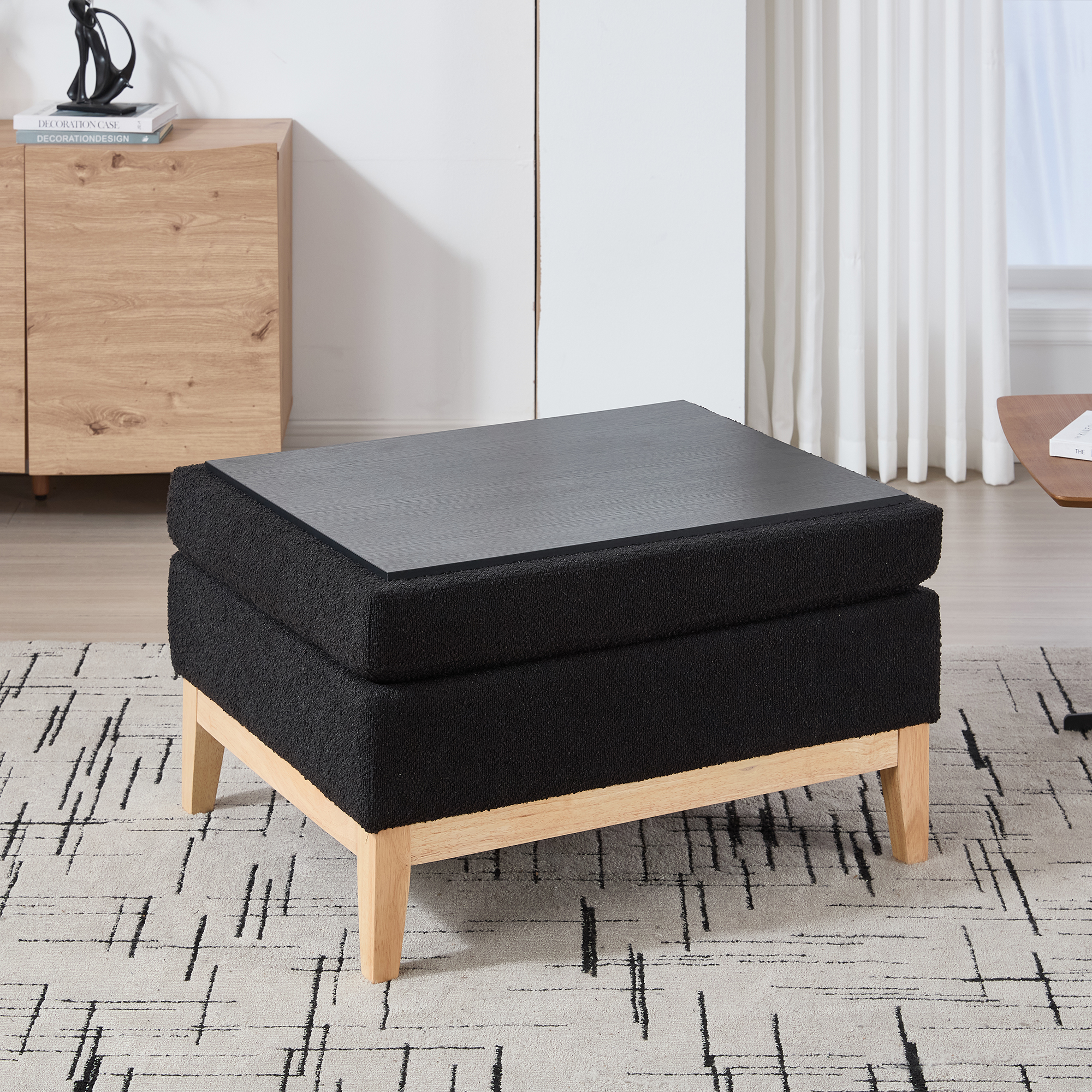 33.86"W Upholstered Wood Base Storage Ottoman With Reversible Lid Coffee Table, Foot Stool Square Footrest with Rubberwood Legs for Living Room Bedroom Entryway and Office,Black Boucle. - Image 6