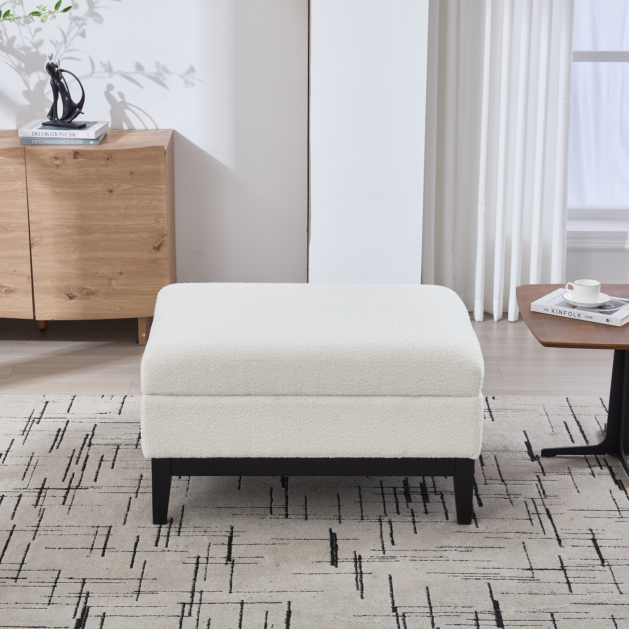 33.86"W Upholstered Wood Base Storage Ottoman With Reversible Lid Coffee Table, Foot Stool Square Footrest with Rubberwood Legs for Living Room Bedroom Entryway and Office, Ivory Boucle. - Image 2