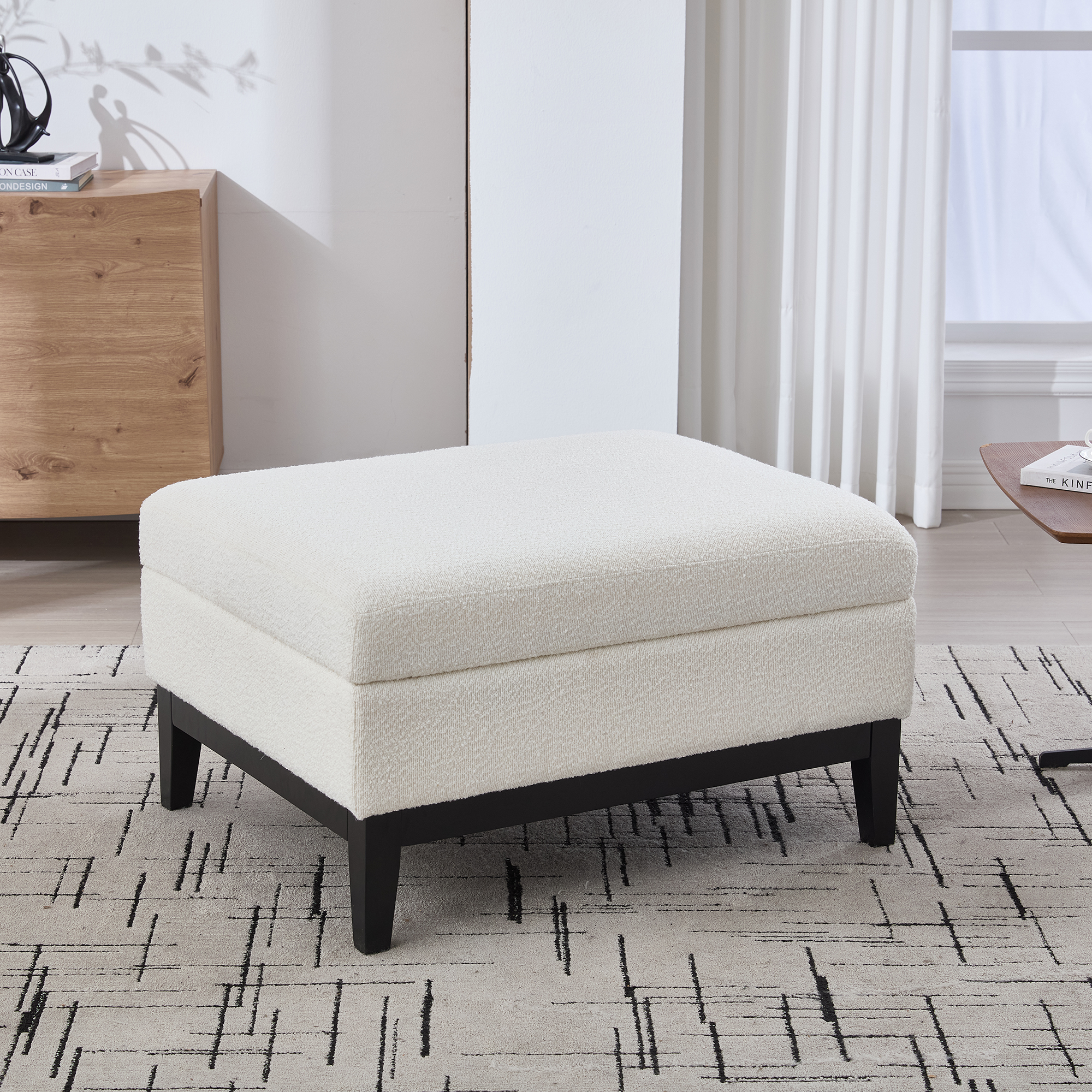 33.86"W Upholstered Wood Base Storage Ottoman With Reversible Lid Coffee Table, Foot Stool Square Footrest with Rubberwood Legs for Living Room Bedroom Entryway and Office, Ivory Boucle. - Image 3