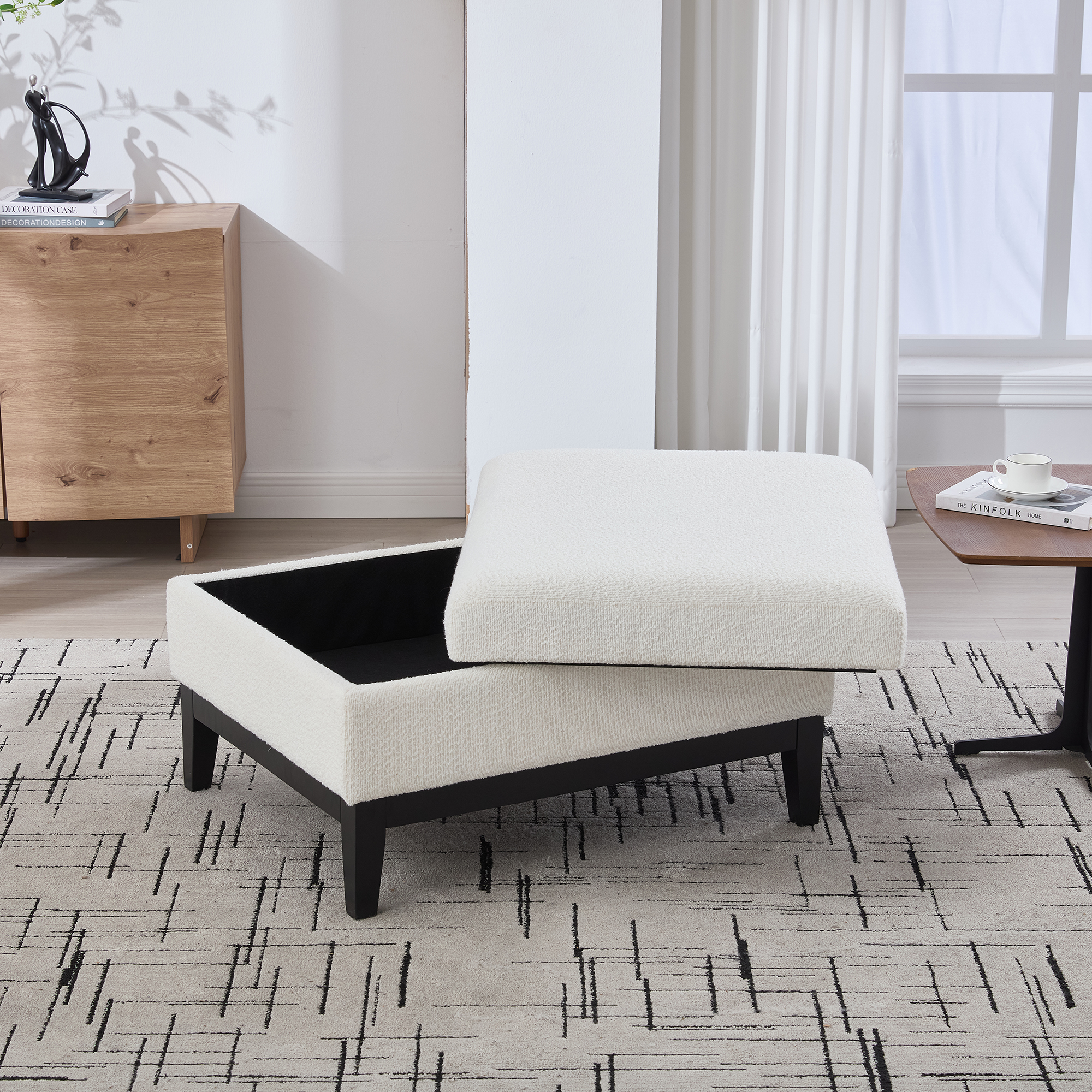 33.86"W Upholstered Wood Base Storage Ottoman With Reversible Lid Coffee Table, Foot Stool Square Footrest with Rubberwood Legs for Living Room Bedroom Entryway and Office, Ivory Boucle. - Image 4