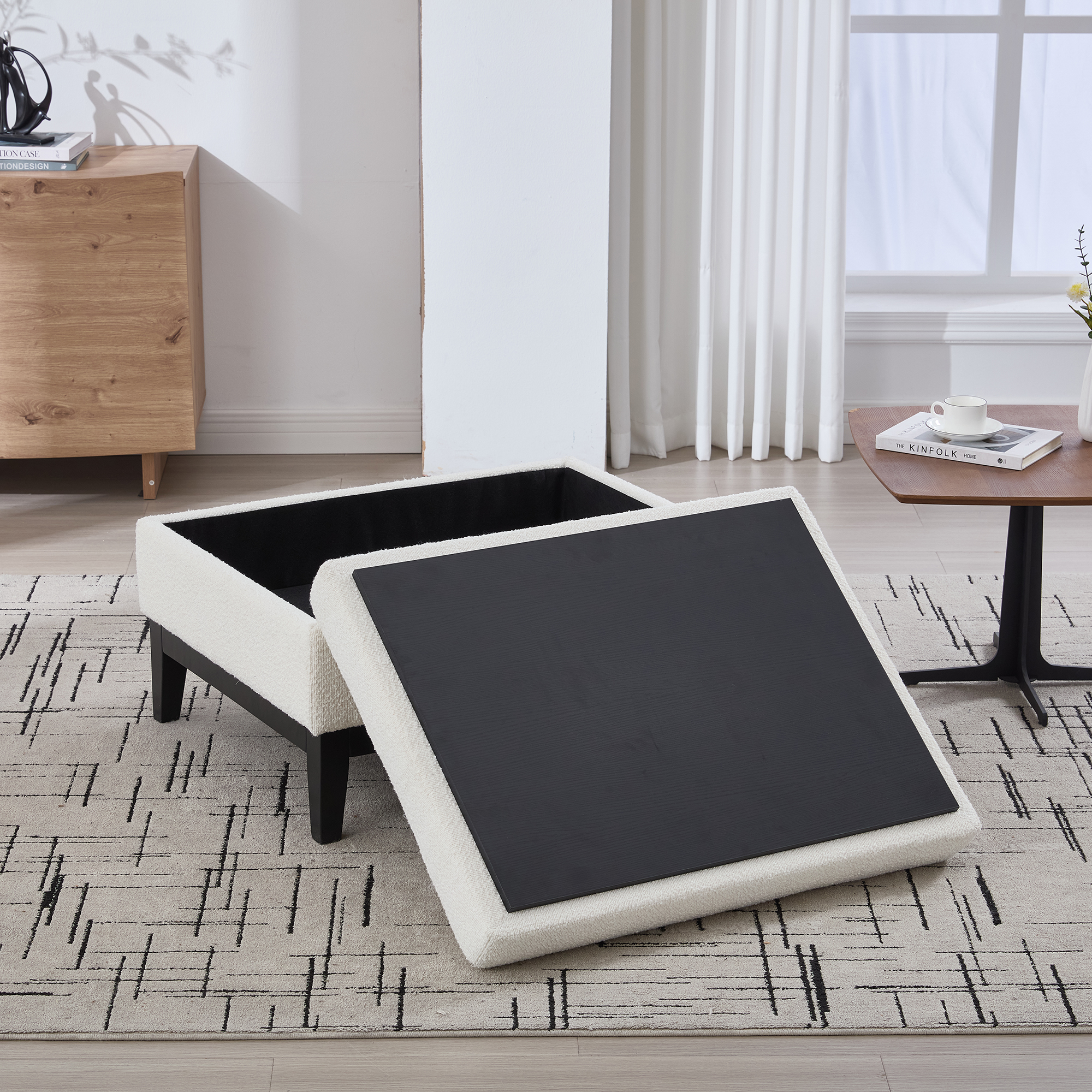33.86"W Upholstered Wood Base Storage Ottoman With Reversible Lid Coffee Table, Foot Stool Square Footrest with Rubberwood Legs for Living Room Bedroom Entryway and Office, Ivory Boucle. - Image 5
