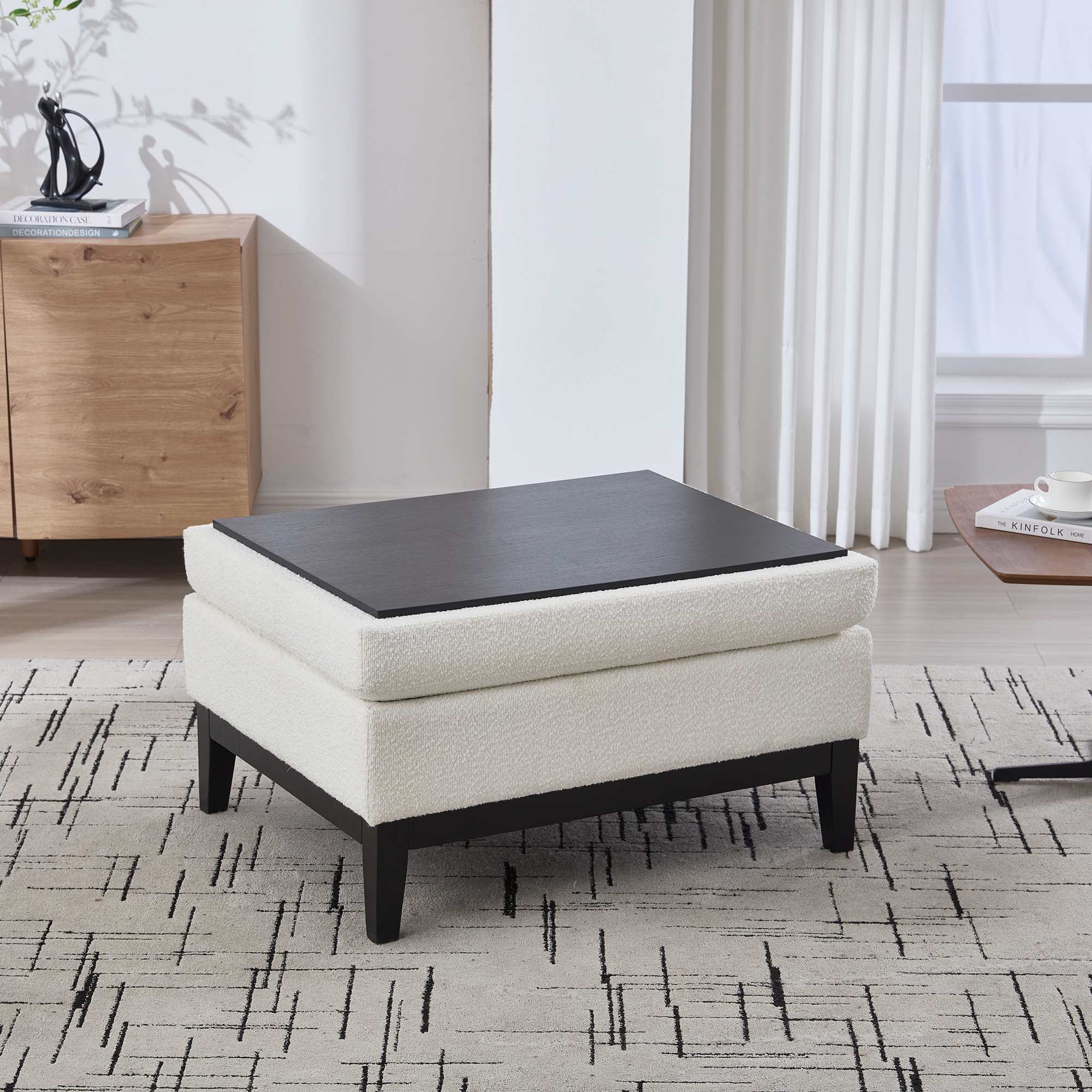 33.86"W Upholstered Wood Base Storage Ottoman With Reversible Lid Coffee Table, Foot Stool Square Footrest with Rubberwood Legs for Living Room Bedroom Entryway and Office, Ivory Boucle. - Image 6