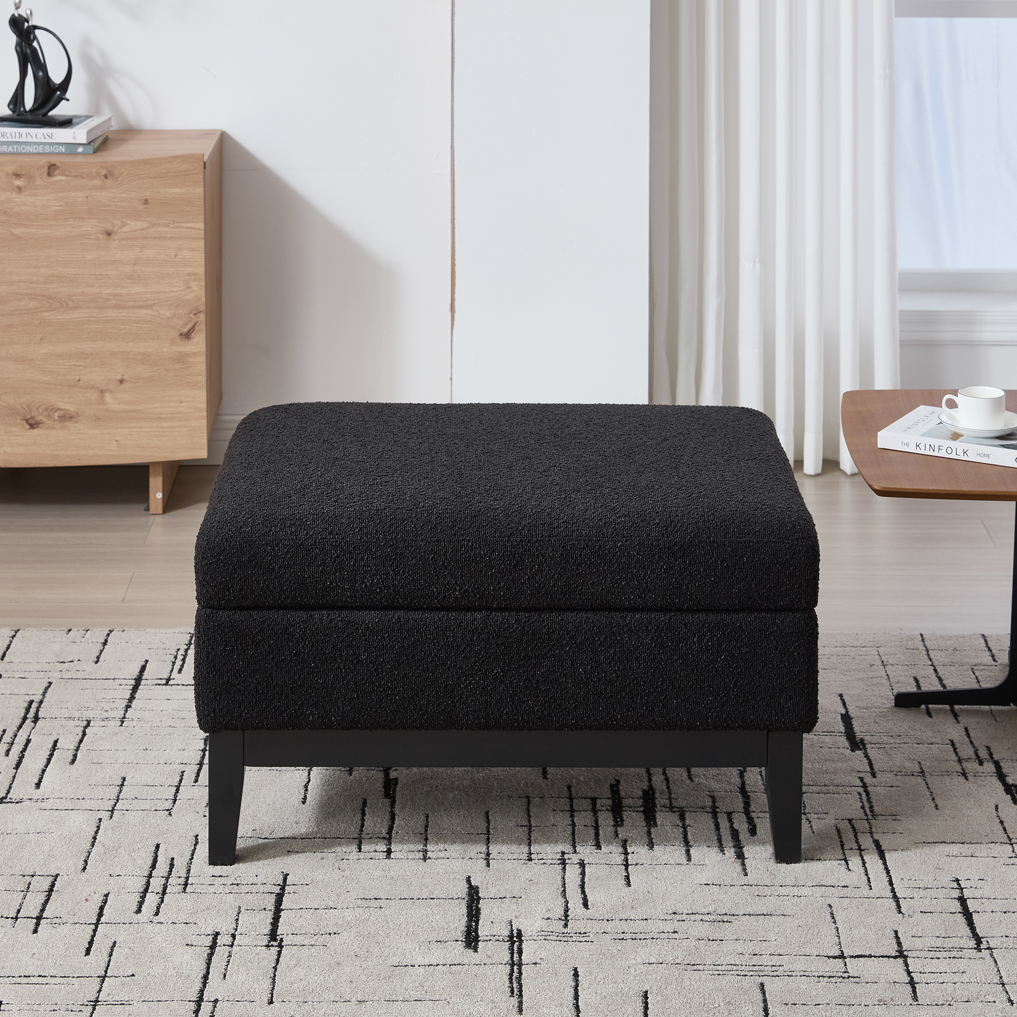 33.86"W Upholstered Wood Base Storage Ottoman With Reversible Lid Coffee Table, Foot Stool Square Footrest with Rubberwood Legs for Living Room Bedroom Entryway and Office,Black Boucle. - Image 2
