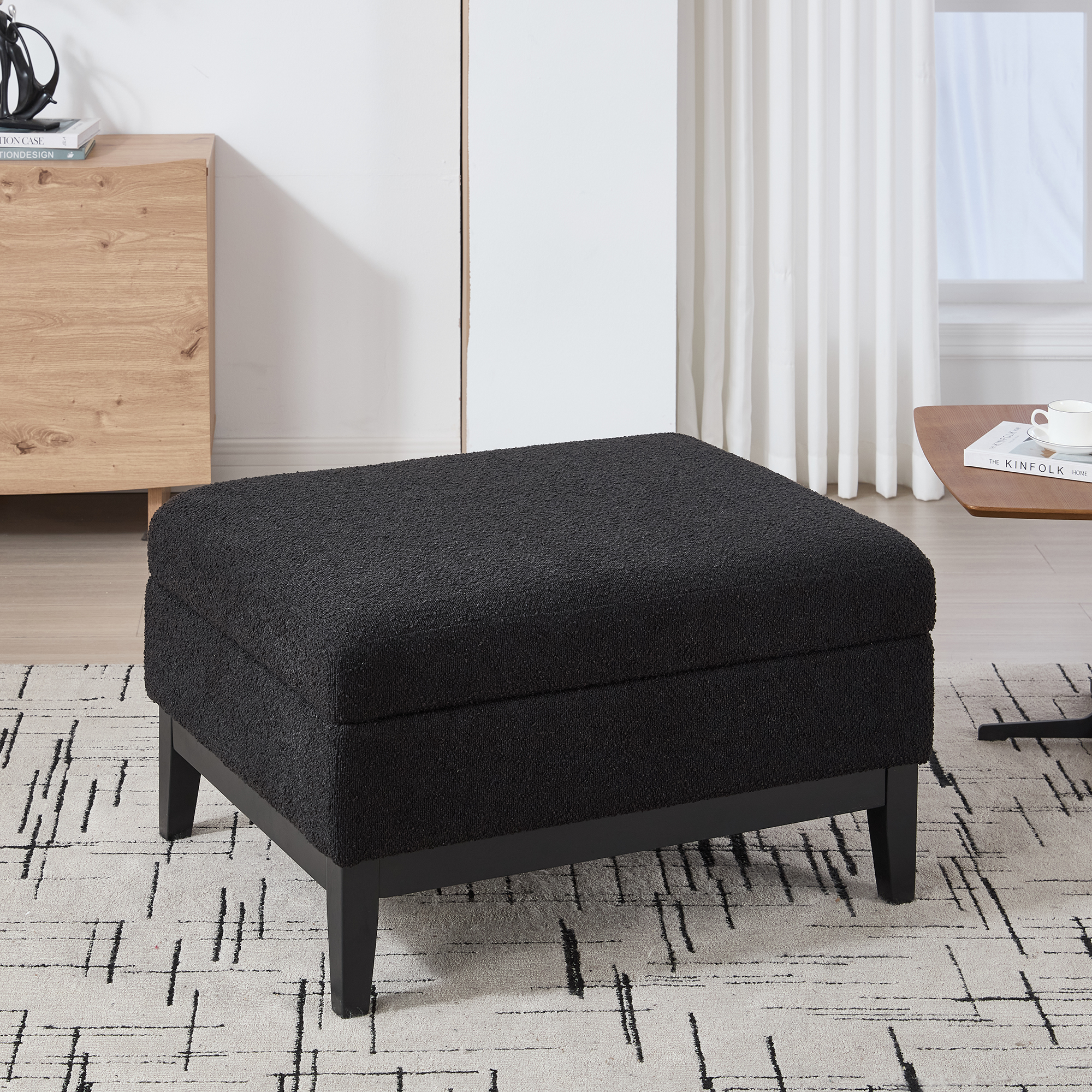 33.86"W Upholstered Wood Base Storage Ottoman With Reversible Lid Coffee Table, Foot Stool Square Footrest with Rubberwood Legs for Living Room Bedroom Entryway and Office,Black Boucle. - Image 3