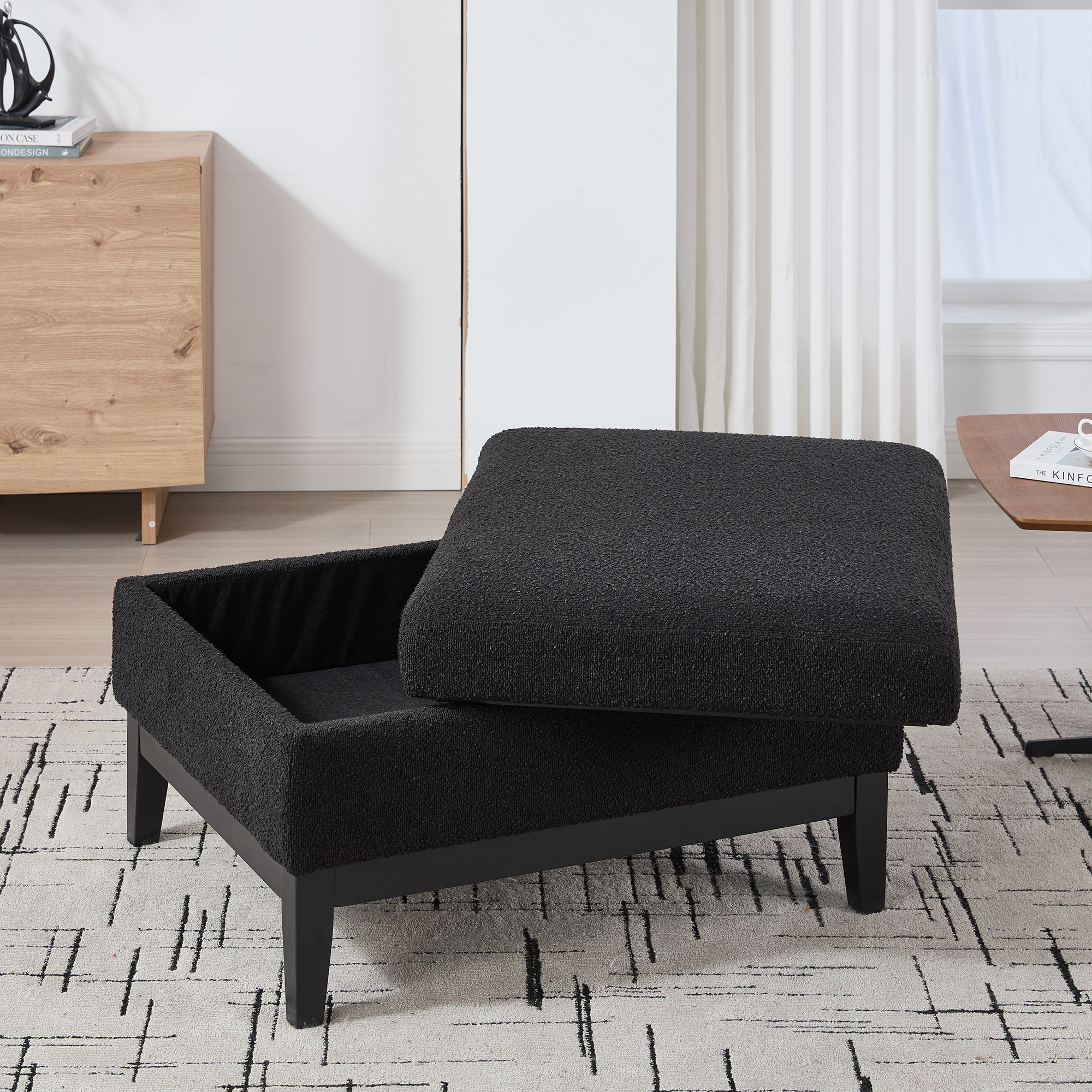 33.86"W Upholstered Wood Base Storage Ottoman With Reversible Lid Coffee Table, Foot Stool Square Footrest with Rubberwood Legs for Living Room Bedroom Entryway and Office,Black Boucle. - Image 4