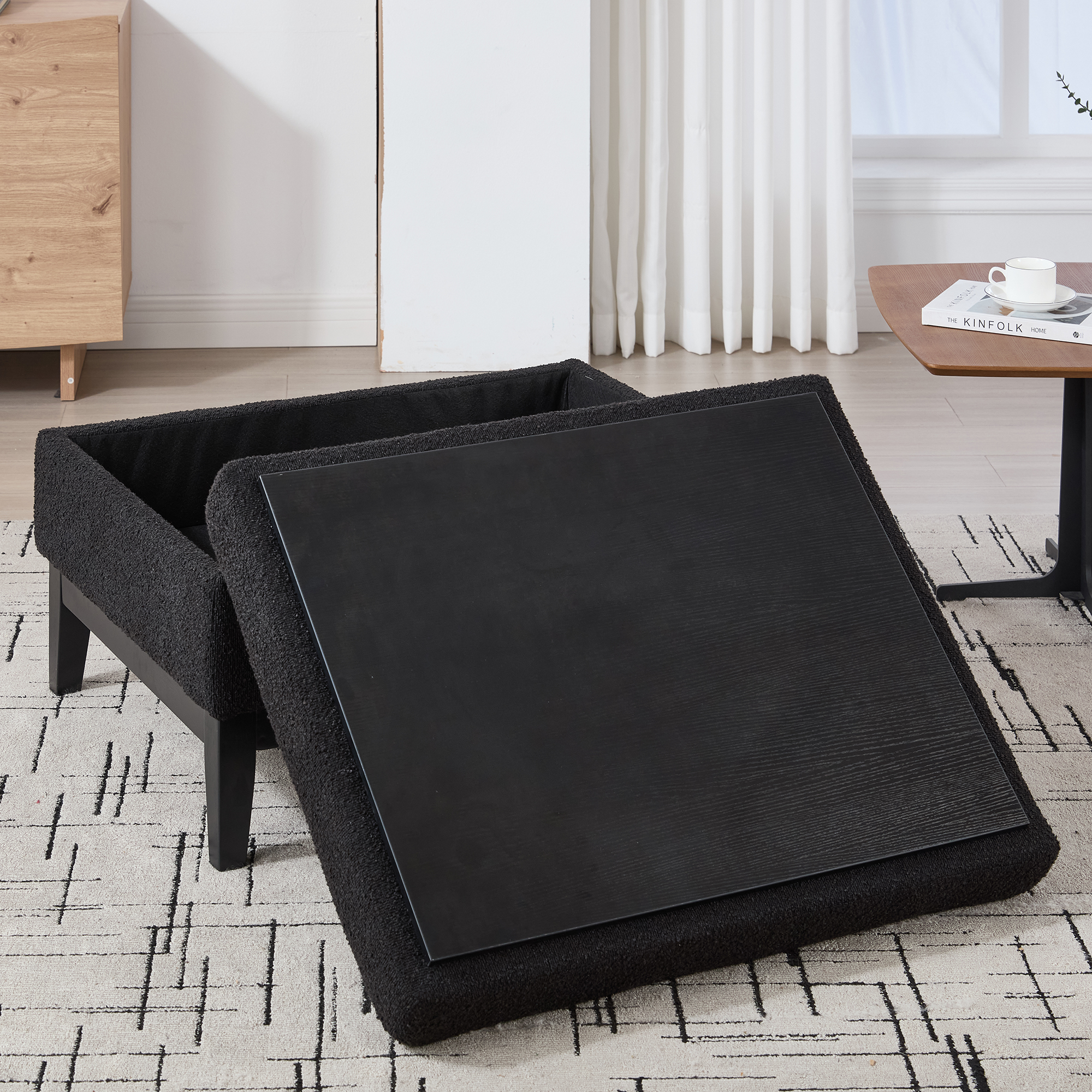 33.86"W Upholstered Wood Base Storage Ottoman With Reversible Lid Coffee Table, Foot Stool Square Footrest with Rubberwood Legs for Living Room Bedroom Entryway and Office,Black Boucle. - Image 5