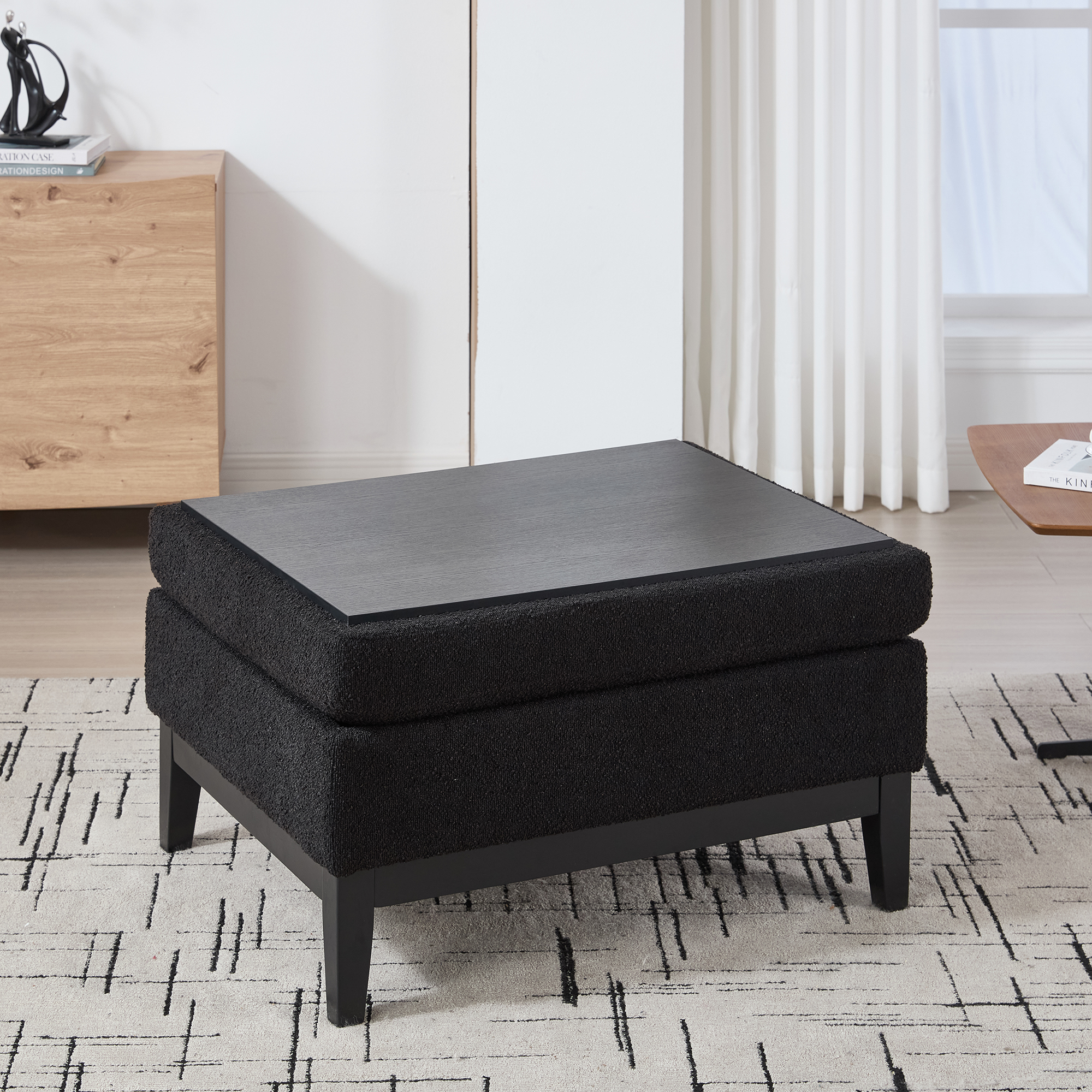 33.86"W Upholstered Wood Base Storage Ottoman With Reversible Lid Coffee Table, Foot Stool Square Footrest with Rubberwood Legs for Living Room Bedroom Entryway and Office,Black Boucle. - Image 6