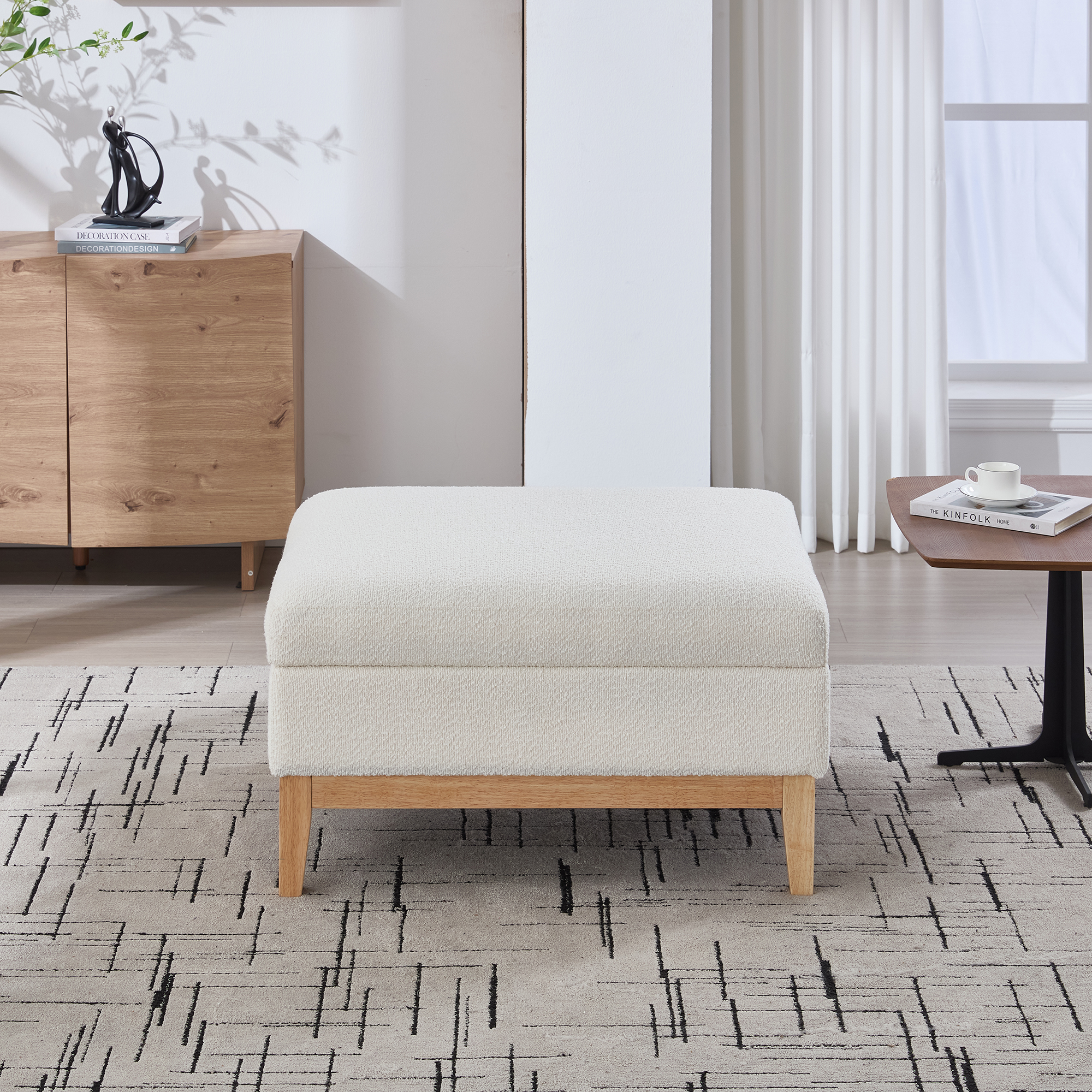 33.86"W Upholstered Wood Base Storage Ottoman With Reversible Lid Coffee Table, Foot Stool Square Footrest with Rubberwood Legs for Living Room Bedroom Entryway and Office, Ivory Boucle. - Image 2