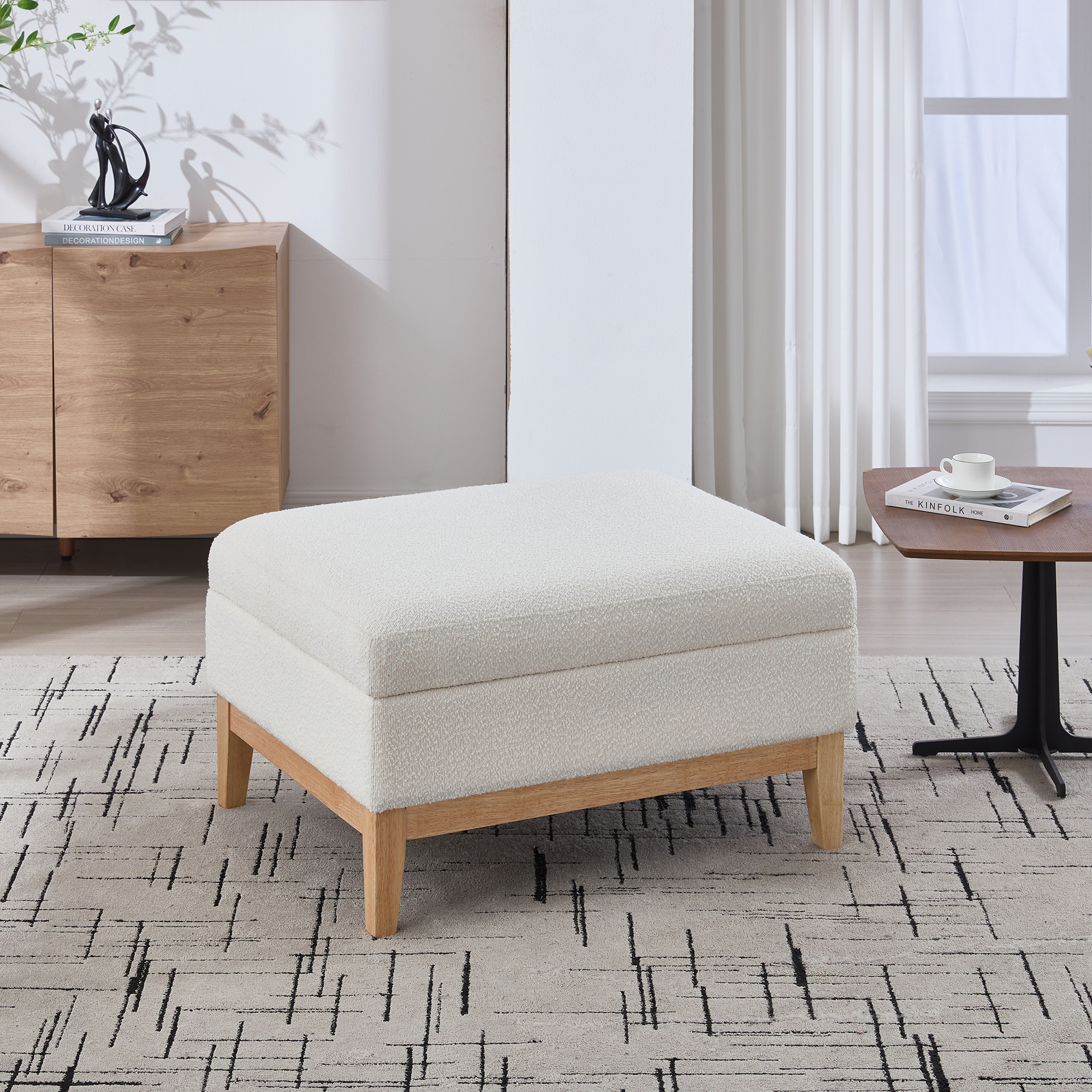 33.86"W Upholstered Wood Base Storage Ottoman With Reversible Lid Coffee Table, Foot Stool Square Footrest with Rubberwood Legs for Living Room Bedroom Entryway and Office, Ivory Boucle. - Image 3