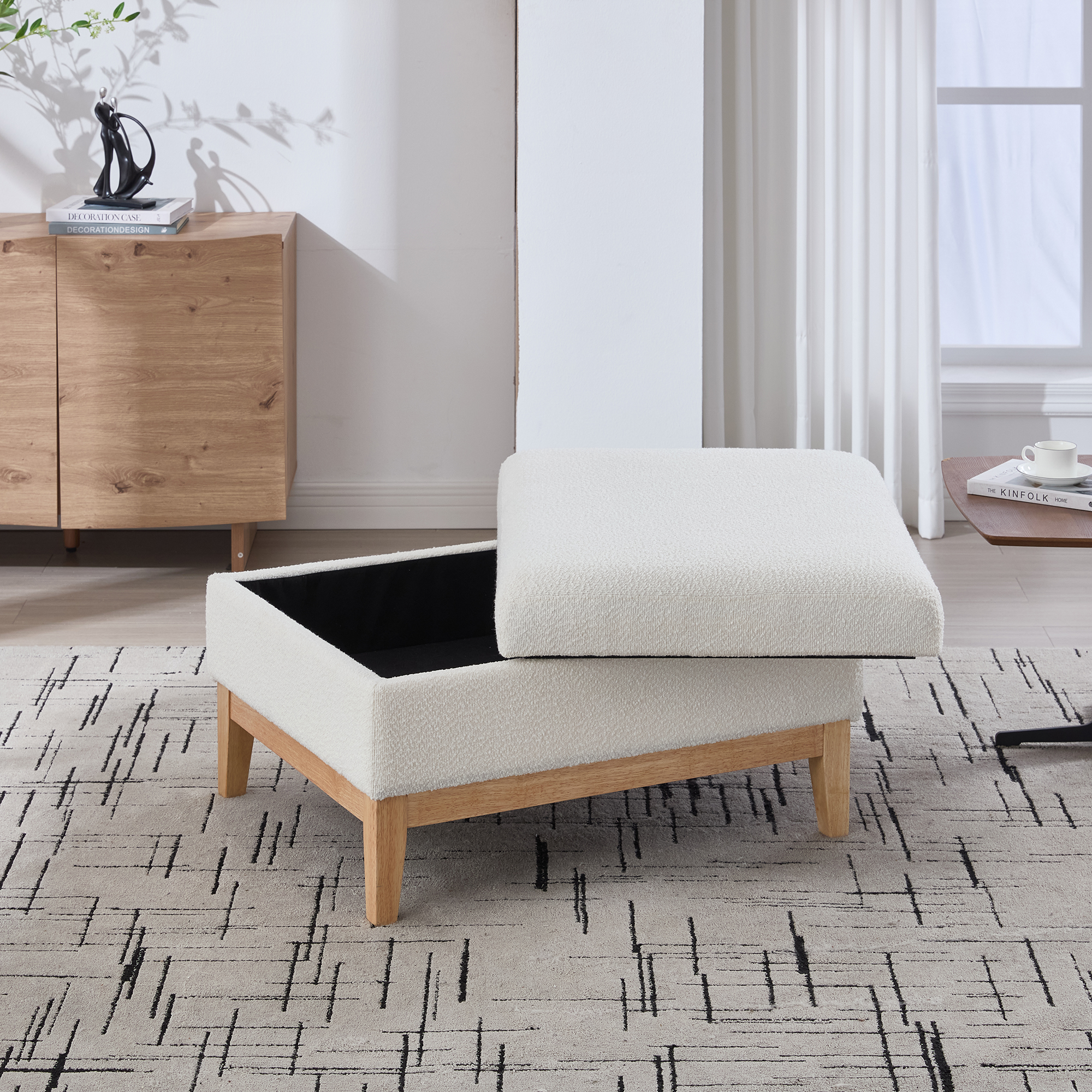 33.86"W Upholstered Wood Base Storage Ottoman With Reversible Lid Coffee Table, Foot Stool Square Footrest with Rubberwood Legs for Living Room Bedroom Entryway and Office, Ivory Boucle. - Image 4