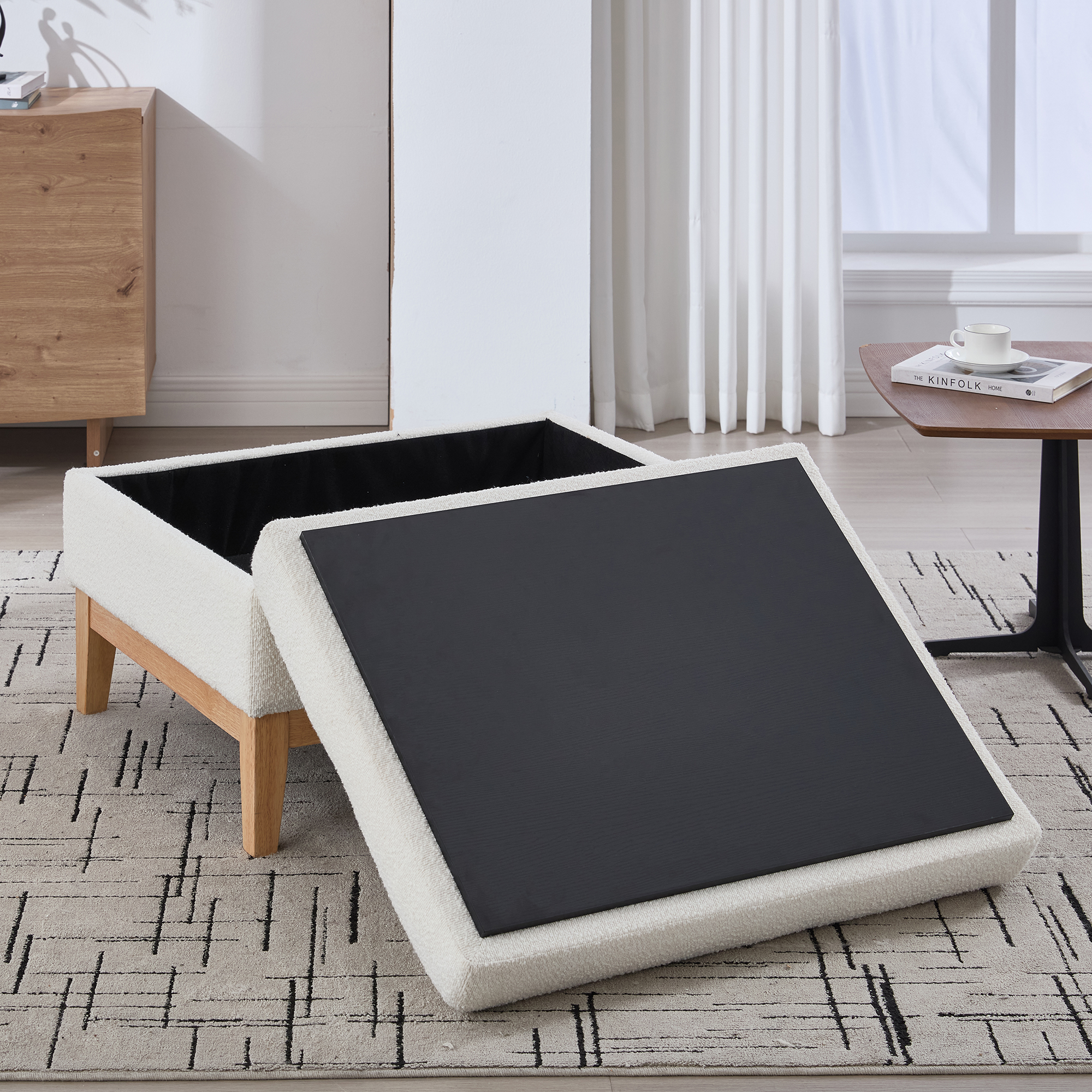 33.86"W Upholstered Wood Base Storage Ottoman With Reversible Lid Coffee Table, Foot Stool Square Footrest with Rubberwood Legs for Living Room Bedroom Entryway and Office, Ivory Boucle. - Image 5