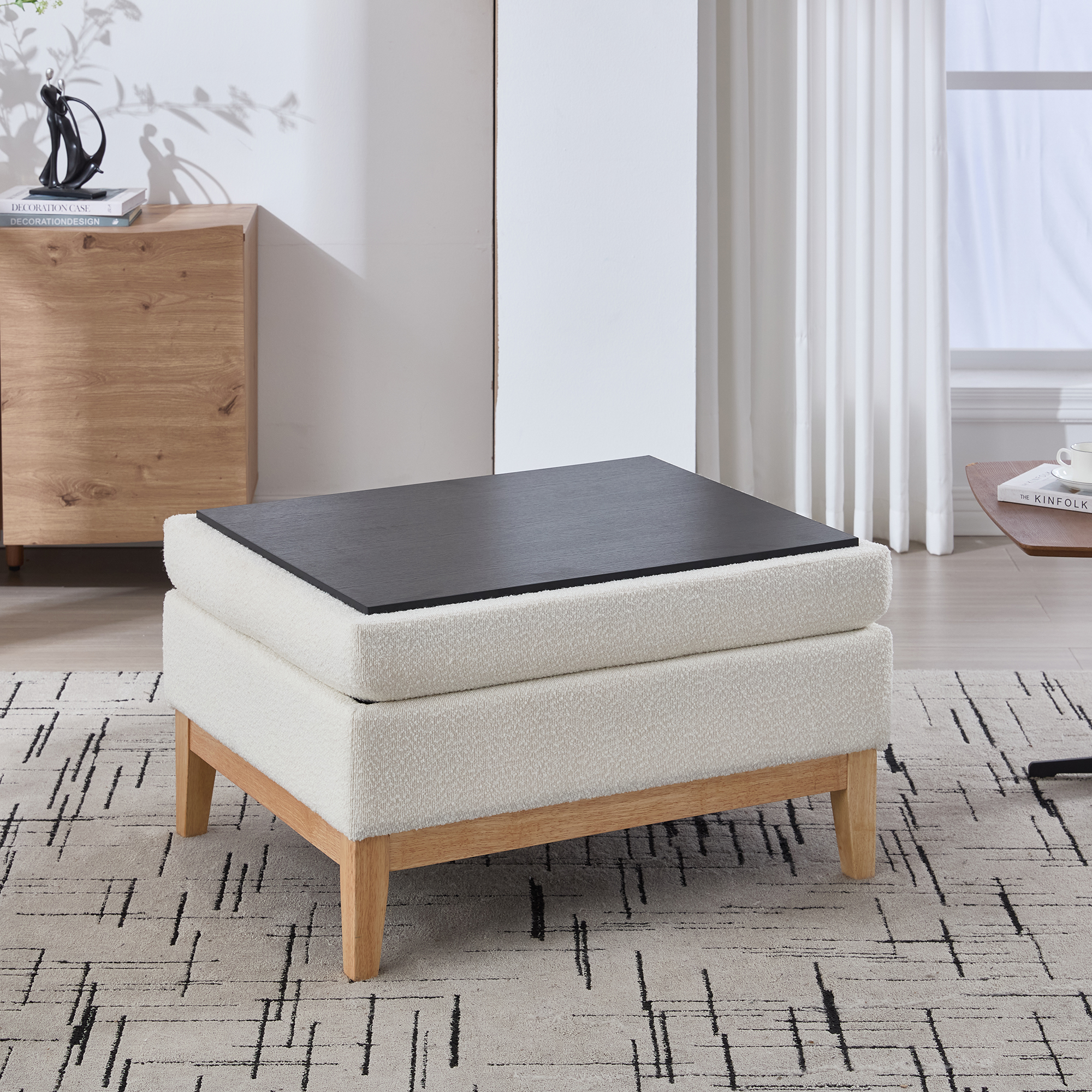 33.86"W Upholstered Wood Base Storage Ottoman With Reversible Lid Coffee Table, Foot Stool Square Footrest with Rubberwood Legs for Living Room Bedroom Entryway and Office, Ivory Boucle. - Image 6