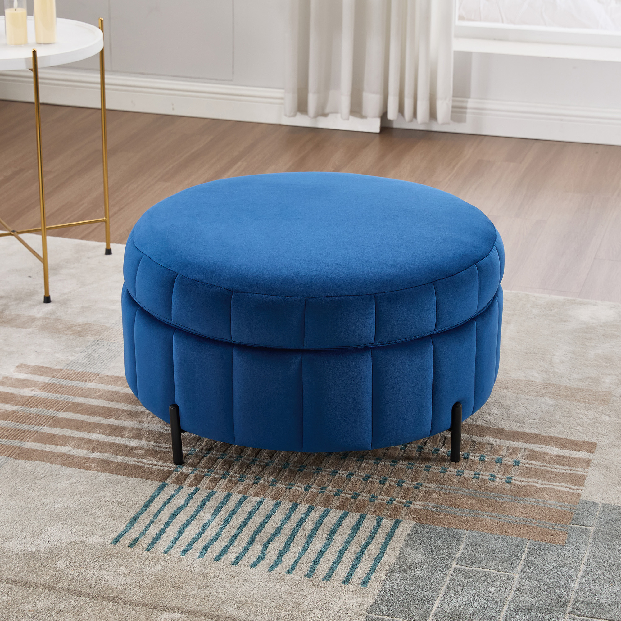 31.5"W Upholstered Round Ottoman With Reversible Lid, Velvet Storage Stool, Channel Tufted Pumpkin-shape Footstool for Living room, Bedroom and Office, Navy - Image 2