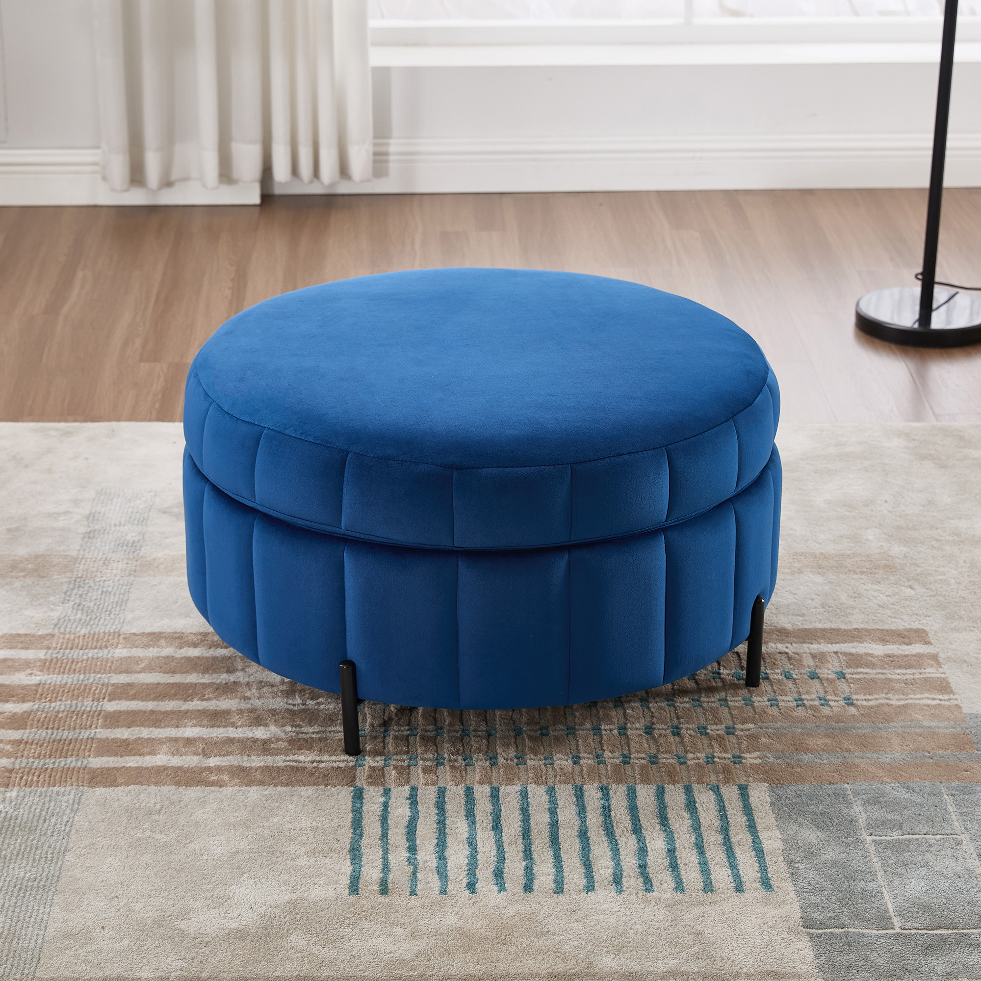 31.5"W Upholstered Round Ottoman With Reversible Lid, Velvet Storage Stool, Channel Tufted Pumpkin-shape Footstool for Living room, Bedroom and Office, Navy - Image 3