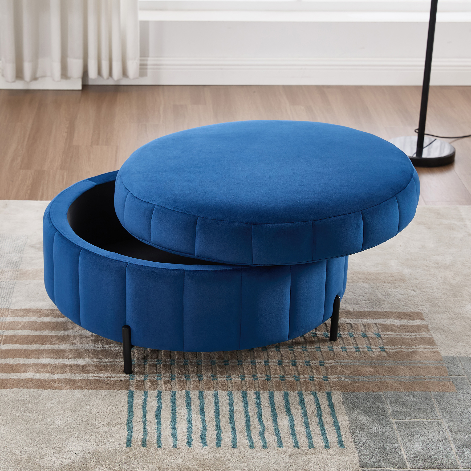 31.5"W Upholstered Round Ottoman With Reversible Lid, Velvet Storage Stool, Channel Tufted Pumpkin-shape Footstool for Living room, Bedroom and Office, Navy - Image 4