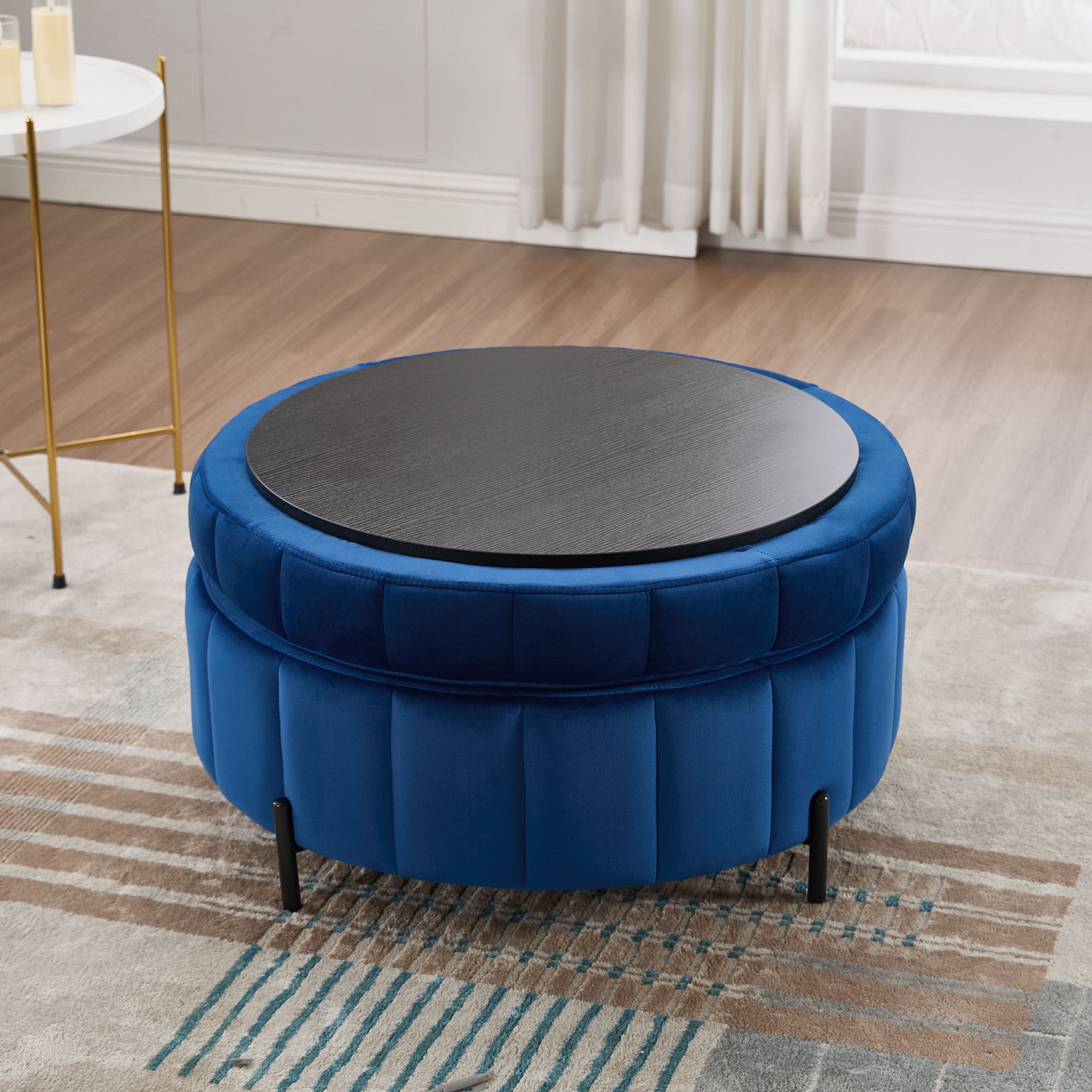 31.5"W Upholstered Round Ottoman With Reversible Lid, Velvet Storage Stool, Channel Tufted Pumpkin-shape Footstool for Living room, Bedroom and Office, Navy - Image 5