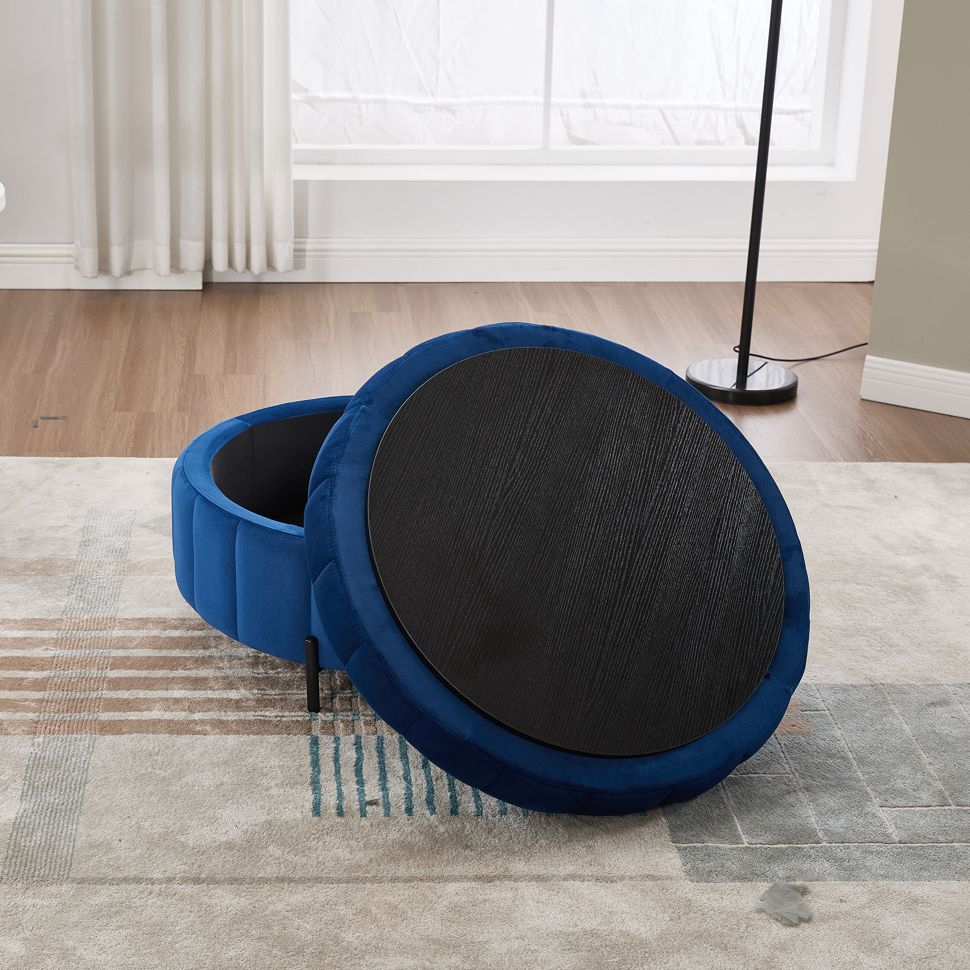 31.5"W Upholstered Round Ottoman With Reversible Lid, Velvet Storage Stool, Channel Tufted Pumpkin-shape Footstool for Living room, Bedroom and Office, Navy - Image 6