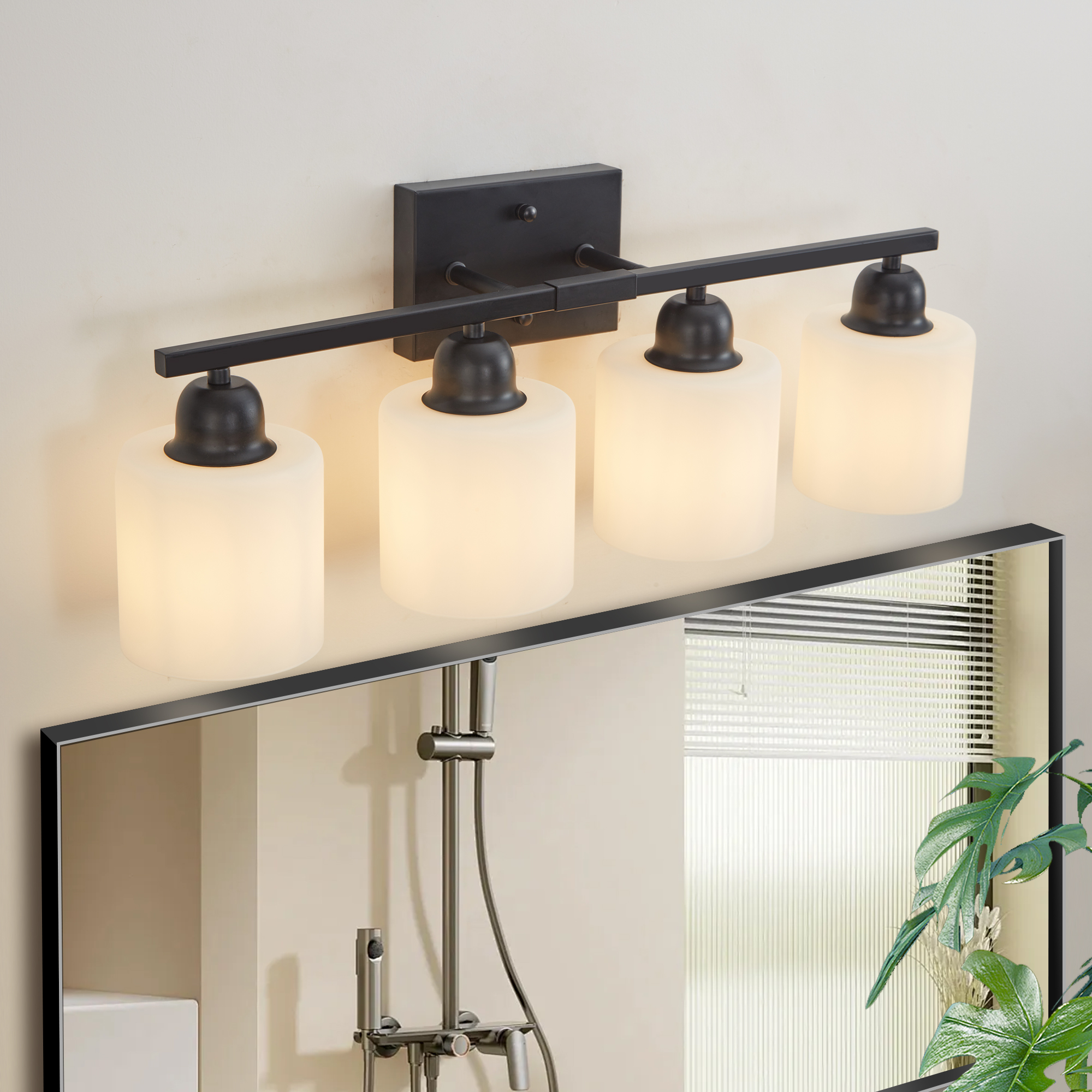 Black Bathroom Light Fixtures, 4-Light Modern Vanity Light Over Mirror, Wall Sconces with Milky White Frosted Glass Shades, E26 Socket (Bulbs Not Included) - Image 2