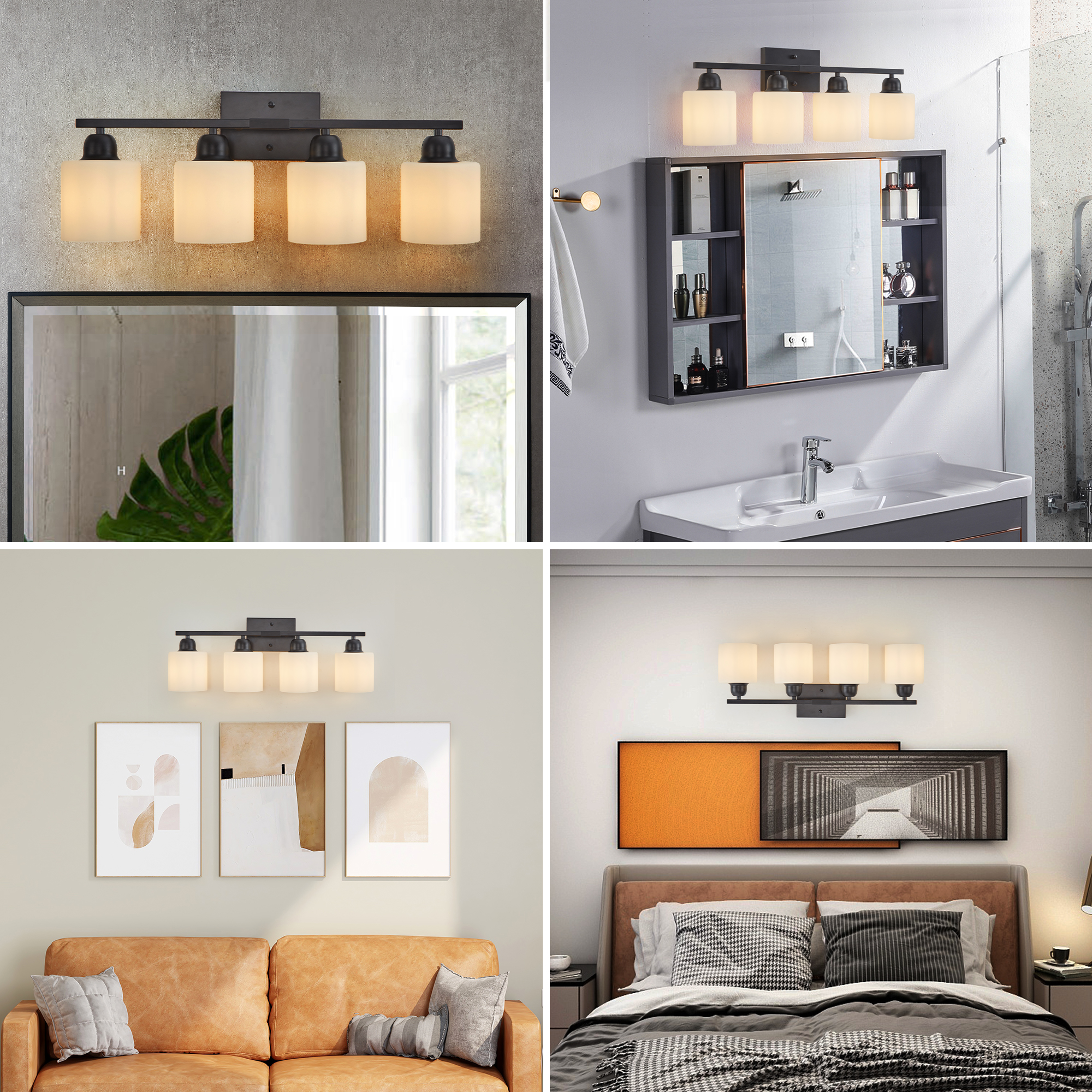 Black Bathroom Light Fixtures, 4-Light Modern Vanity Light Over Mirror, Wall Sconces with Milky White Frosted Glass Shades, E26 Socket (Bulbs Not Included) - Image 4