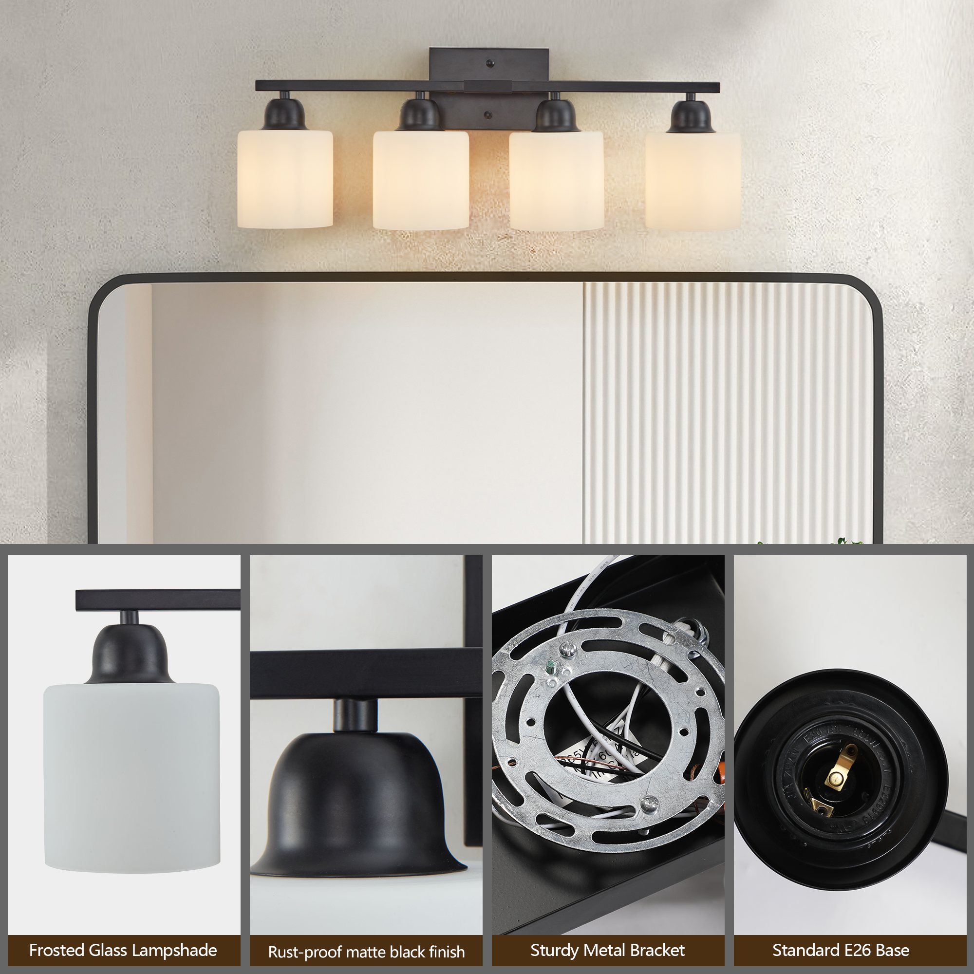 Black Bathroom Light Fixtures, 4-Light Modern Vanity Light Over Mirror, Wall Sconces with Milky White Frosted Glass Shades, E26 Socket (Bulbs Not Included) - Image 5
