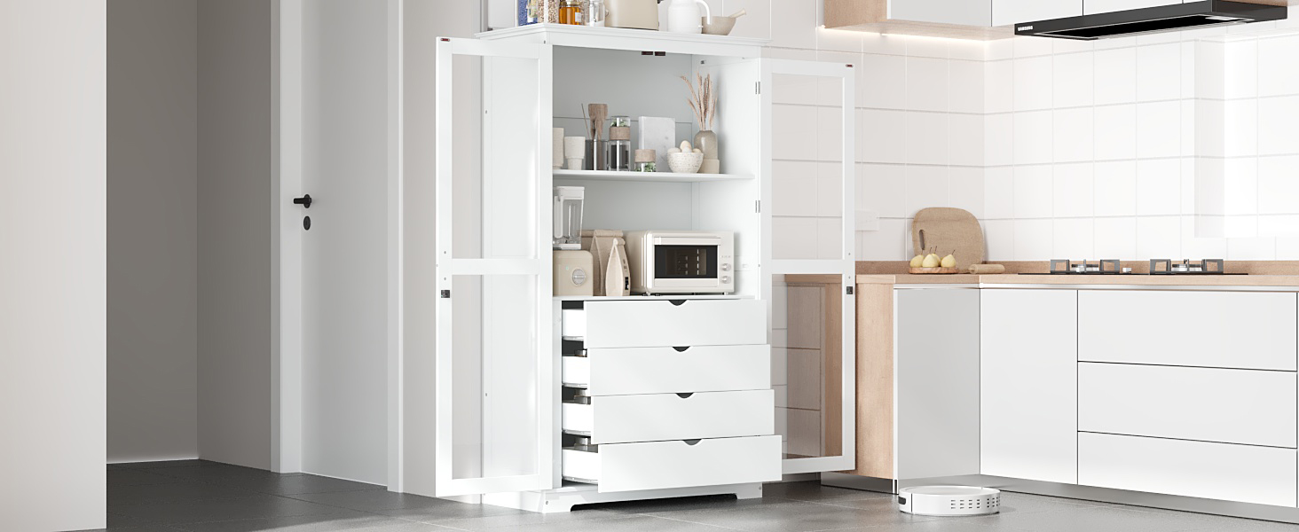 TOPMAX 44.7x20x75inch Kitchen Pantry, Freestanding Kitchen Storage Cabinet Display Cabinet with Glass Doors and 4 Built-in Drawers for Living Room, Home Office, White - Image 2